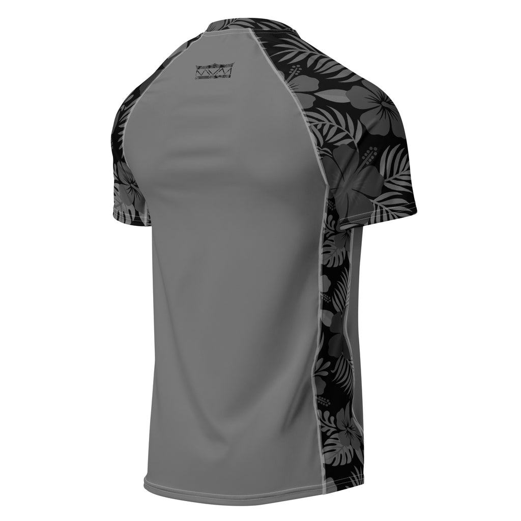 Majestic Vision Black Hibiscus recycled rash vest with UPF 50+ protection, moisture-wicking performance fabric and bold surf-inspired artwork. Recycled Short Sleeved Rash Guard Product mockup 2