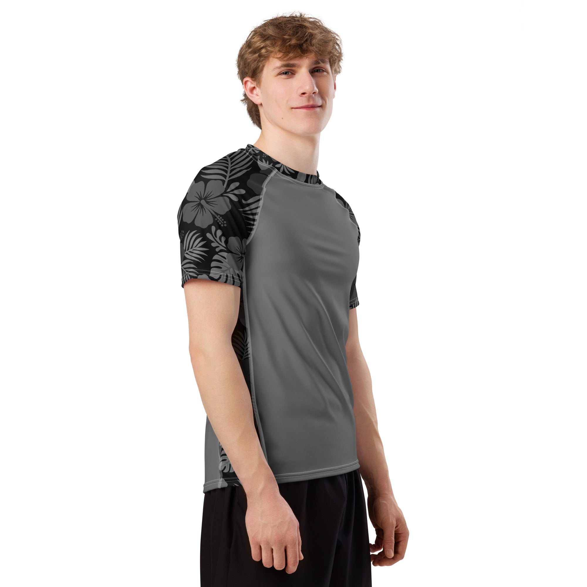 Majestic Vision Black Hibiscus recycled rash vest with UPF 50+ protection, moisture-wicking performance fabric and bold surf-inspired artwork. Recycled Short Sleeved Rash Guard Product mockup 3
