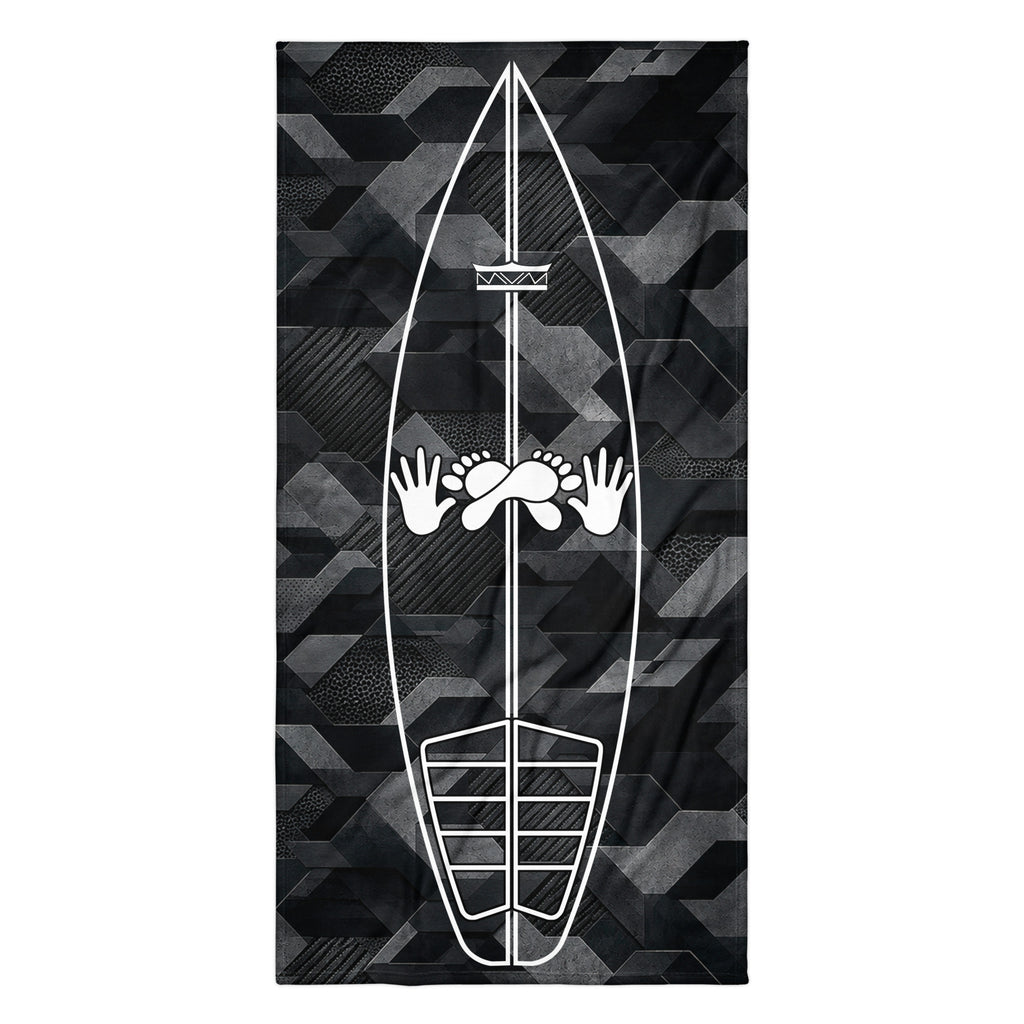 Black Sci Fi Camo Surf Pop-Up Training Mat – Oversized Quick-Dry Beach Towel with Stance Placement Guide