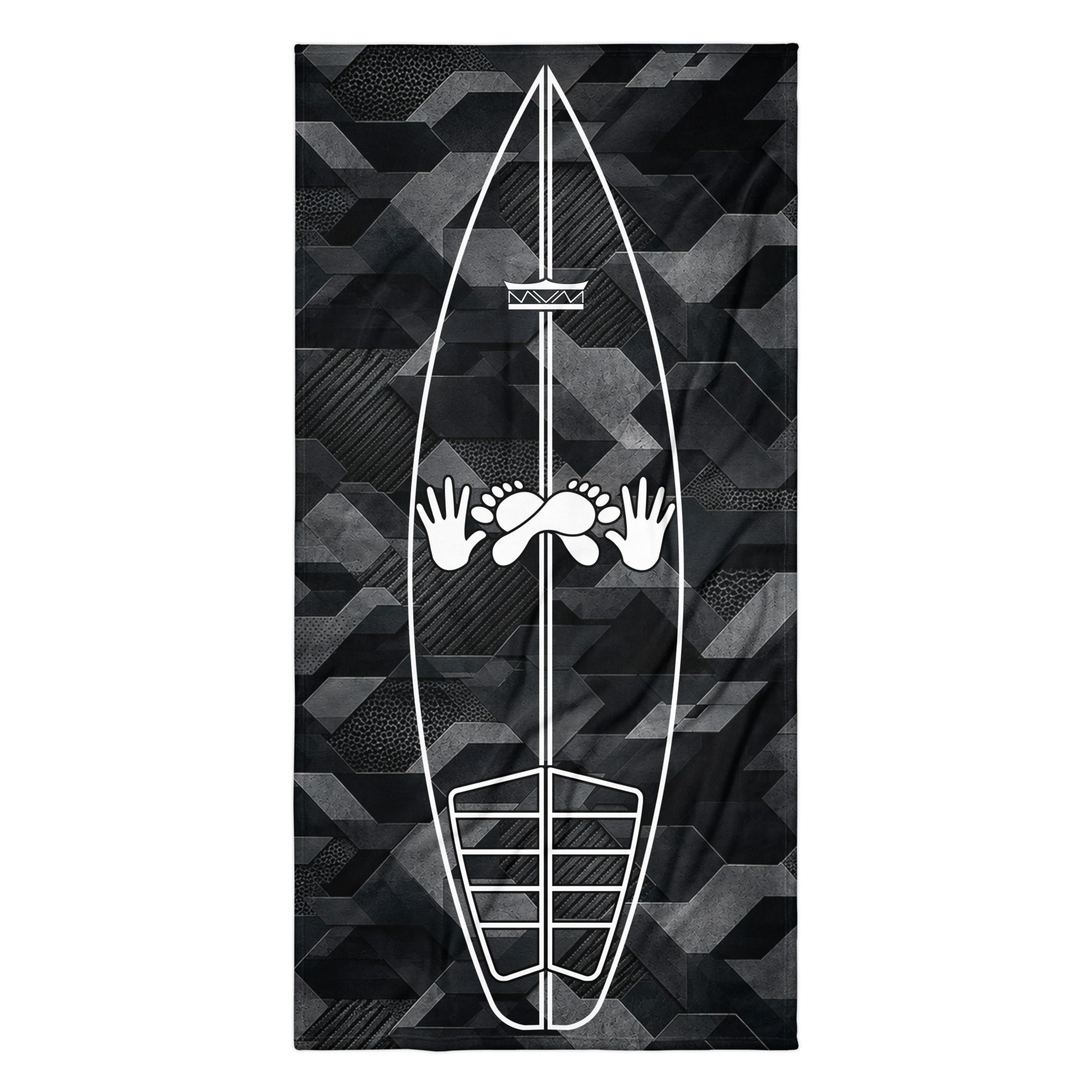 Black Sci Fi Camo Surf Pop-Up Training Mat – Oversized Quick-Dry Beach Towel with Stance Placement Guide