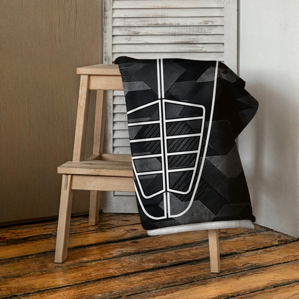 Black Sci Fi Camo Surf Pop-Up Training Mat – Oversized Quick-Dry Beach Towel with Stance Placement Guide on chair