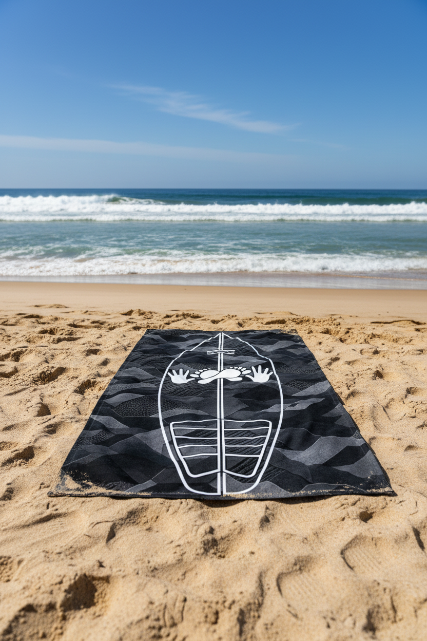 Black Sci Fi Camo Surf Pop-Up Training Mat – Oversized Quick-Dry Beach Towel with Stance Placement Guide lies on the sandy beach with the ocean and blue sky in the background.