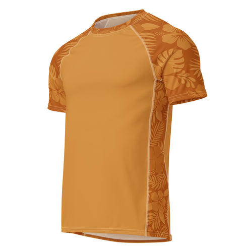 Majestic Vision Clay Hibiscus recycled rash vest with UPF 50+ protection, moisture-wicking performance fabric and bold surf-inspired artwork. Recycled Short Sleeved Rash Guard Product mockup.