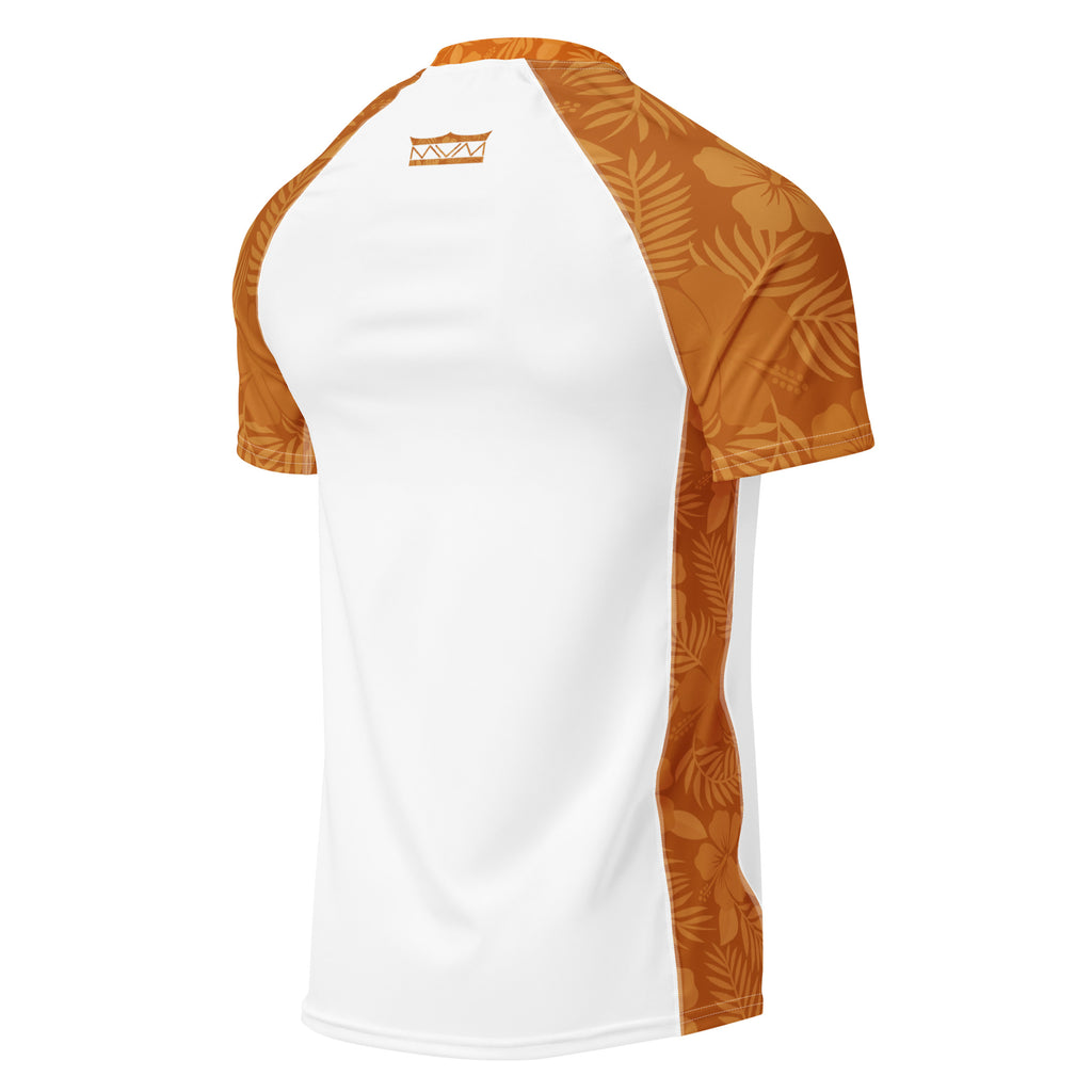 Majestic Vision Clay Hibiscus and white recycled rash vest with UPF 50+ protection, moisture-wicking performance fabric and bold surf-inspired artwork. Recycled Short Sleeved Rash Guard Product mockup back.
