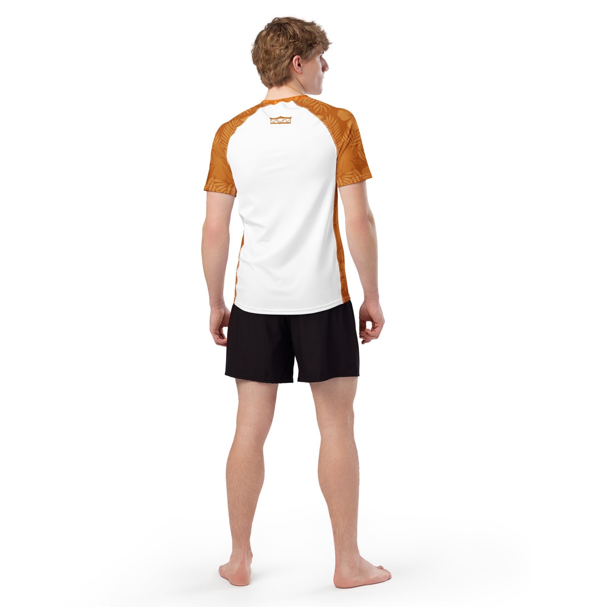 Majestic Vision Clay Hibiscus and white recycled rash vest with UPF 50+ protection, moisture-wicking performance fabric and bold surf-inspired artwork. Recycled Short Sleeved Rash Guard from behind Product mockup studio style