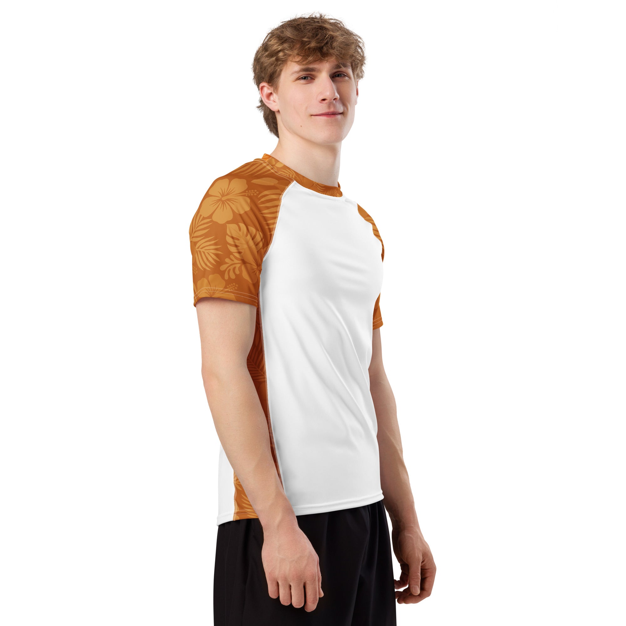 Clay Hibiscus and white recycled rash vest with UPF 50+ protection, moisture-wicking performance fabric and bold surf-inspired artwork. Recycled Short Sleeved Rash Guard Product mockup studio style.