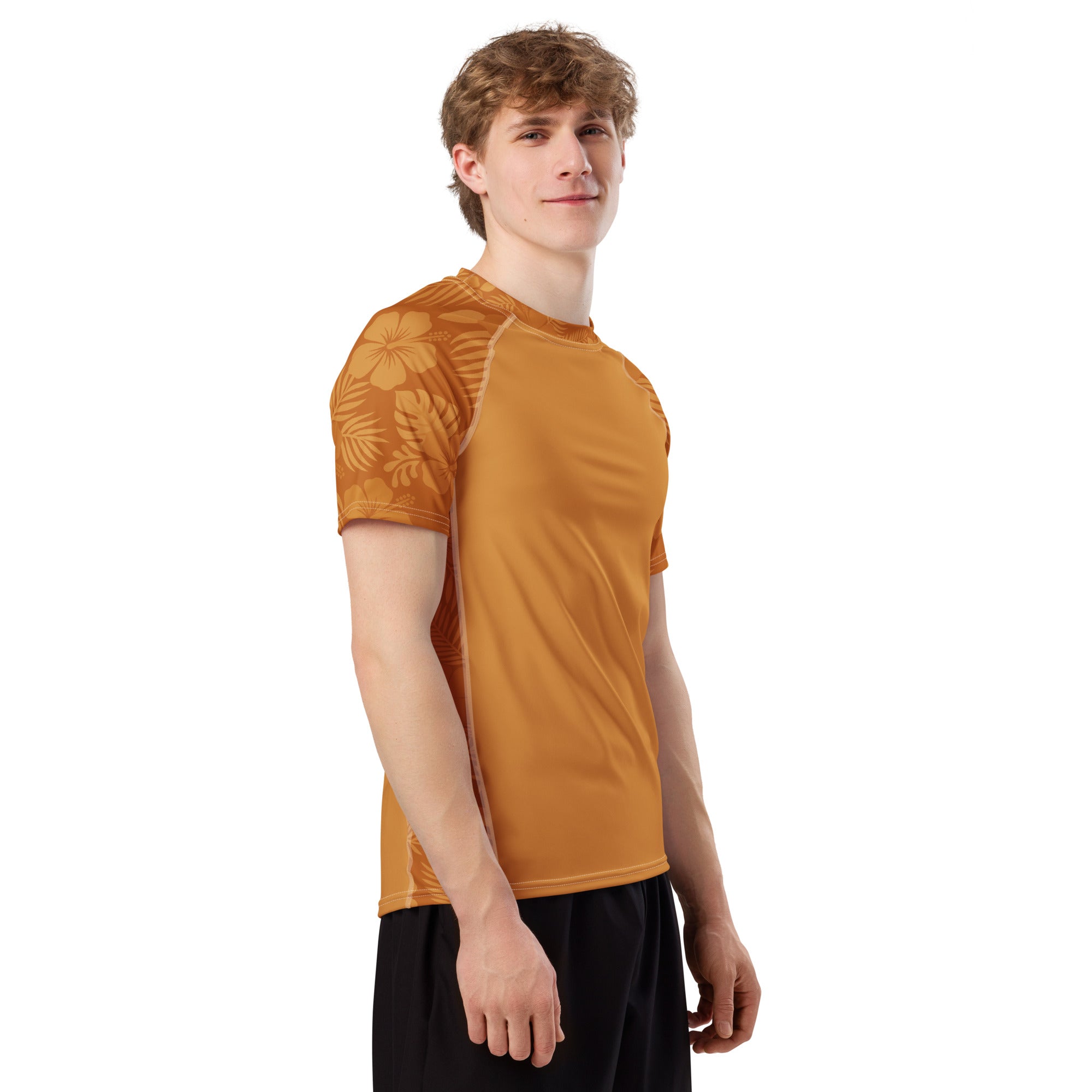 Clay Hibiscus recycled rash vest with UPF 50+ protection, moisture-wicking performance fabric and bold surf-inspired artwork. Recycled Short Sleeved Rash Guard Product mockup studio style.