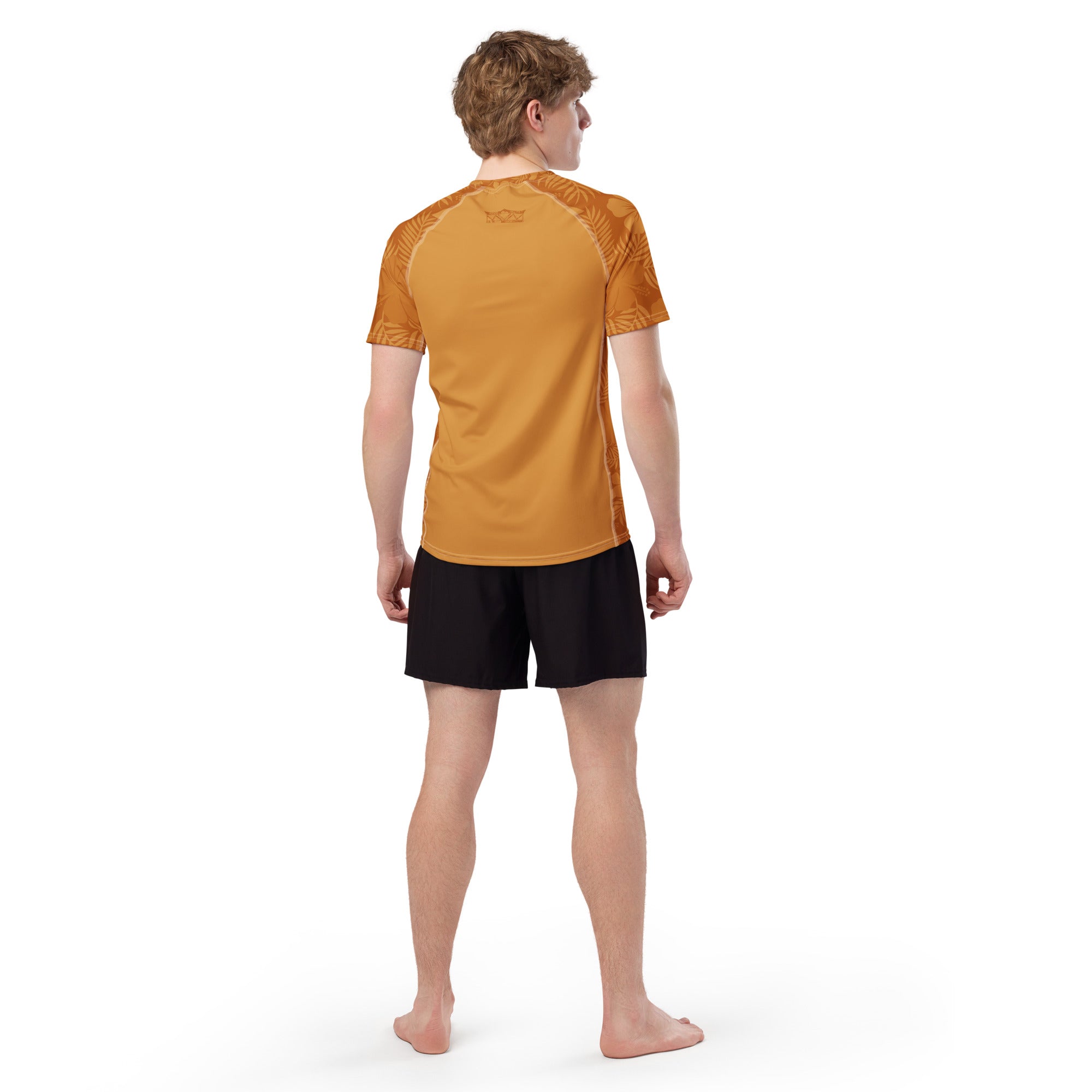 Majestic Vision Clay Hibiscus recycled rash vest with UPF 50+ protection, moisture-wicking performance fabric and bold surf-inspired artwork. Recycled Short Sleeved Rash Guard from behind Product mockup studio style