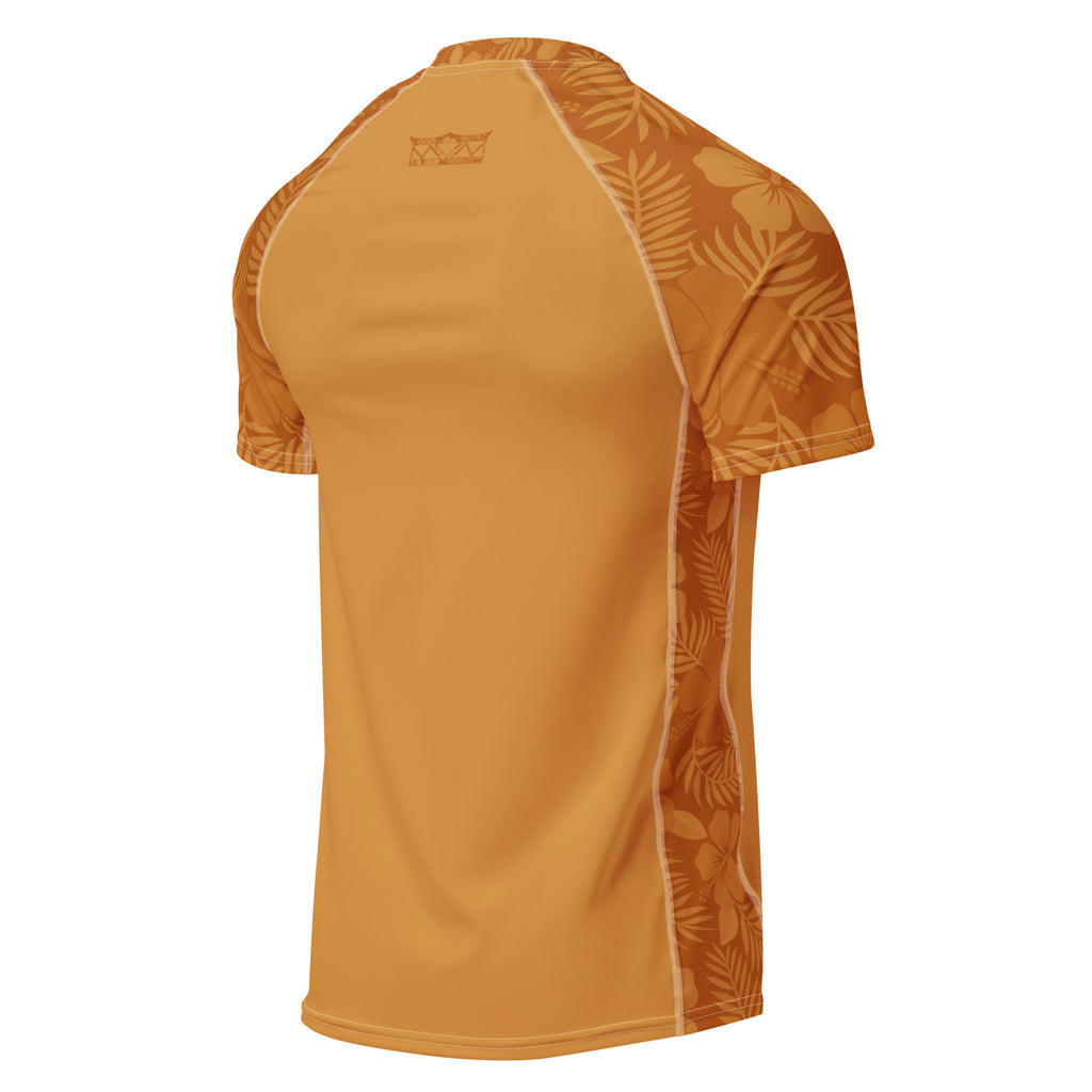 Majestic Vision Clay Hibiscus recycled rash vest with UPF 50+ protection, moisture-wicking performance fabric and bold surf-inspired artwork. Recycled Short Sleeved Rash Guard Product mockup back.