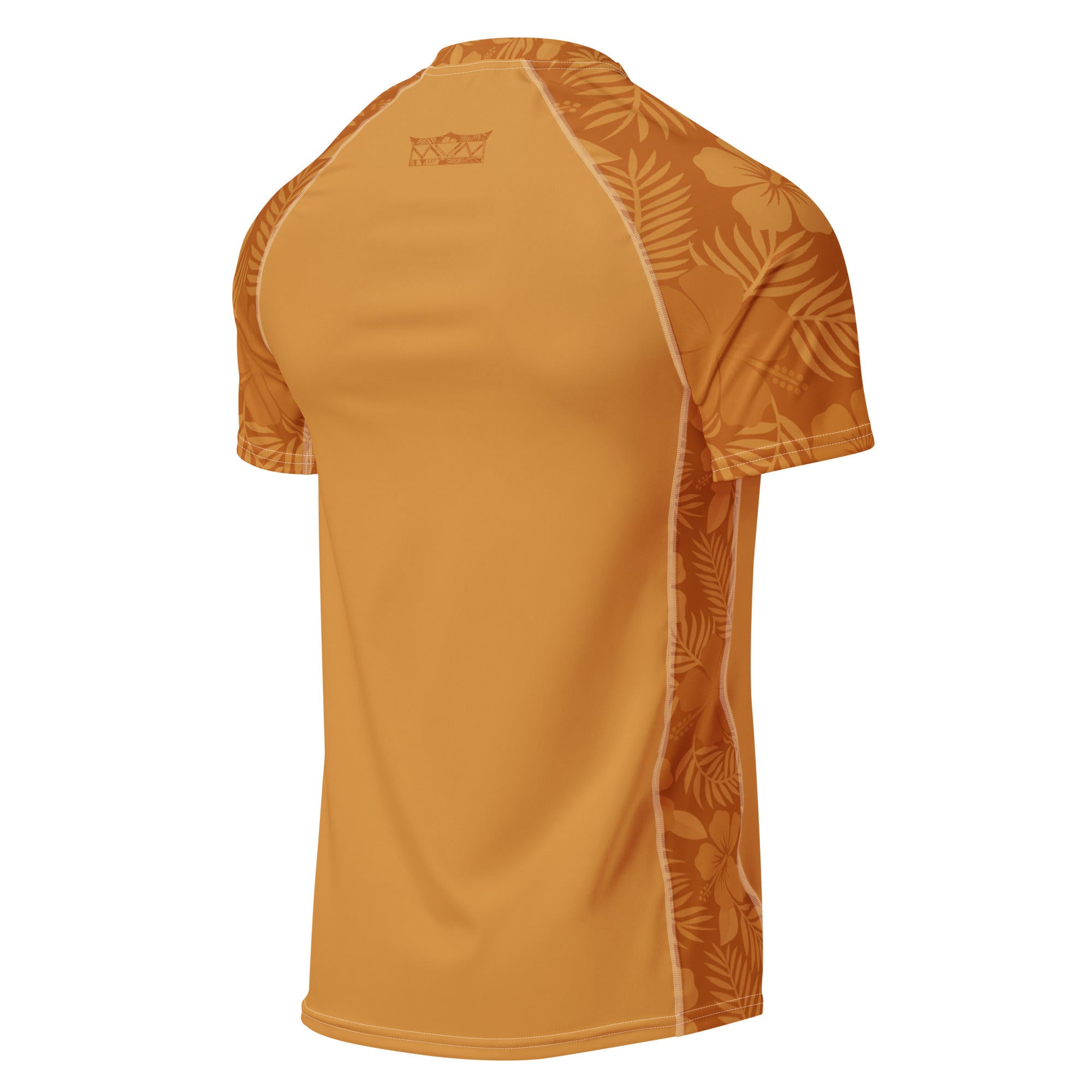 Majestic Vision Clay Hibiscus recycled rash vest with UPF 50+ protection, moisture-wicking performance fabric and bold surf-inspired artwork. Recycled Short Sleeved Rash Guard Product mockup back.