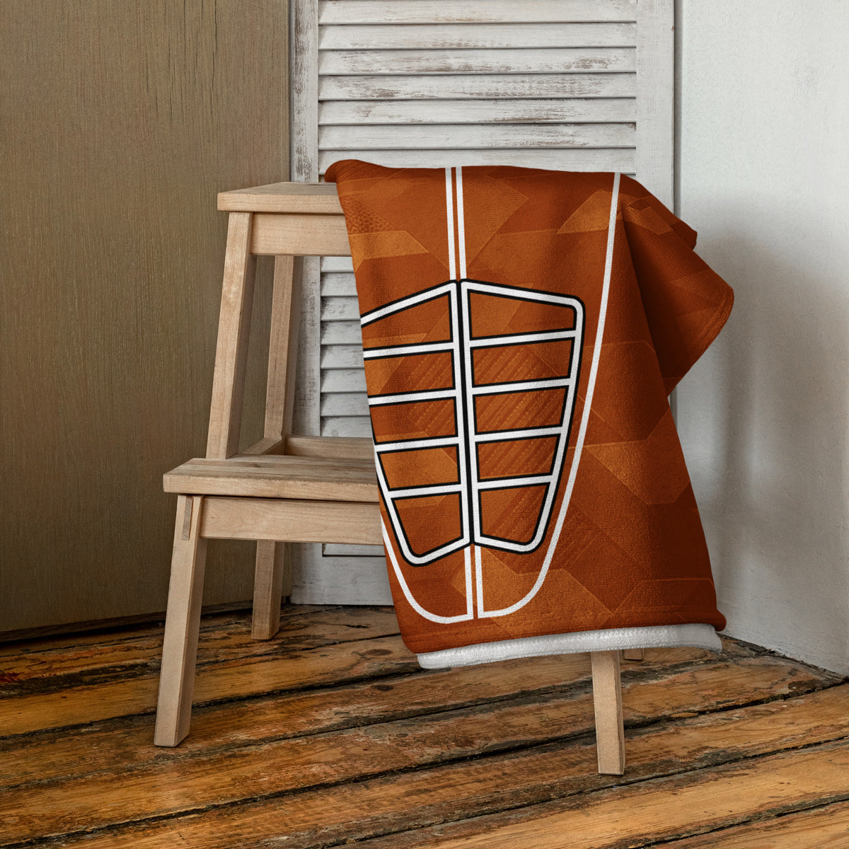 Clay Sci-Fi Camo Surf Pop-Up Training Mat – Oversized Quick-Dry Beach Towel with Stance Placement Guide Product mockup on chair