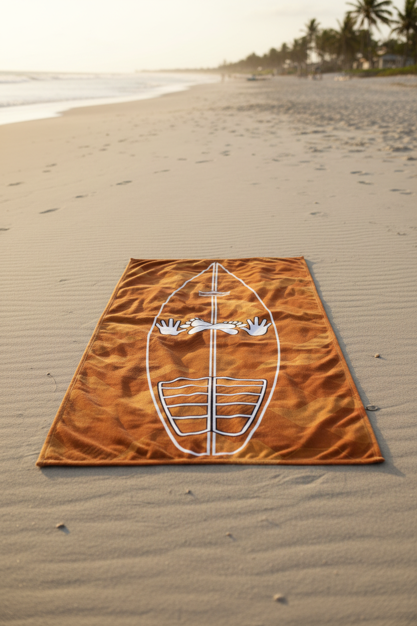 Clay Sci-Fi Camo Surf Pop-Up Training Mat – Oversized Quick-Dry Beach Towel with Stance Placement Guide lies on sandy beach near the shoreline, with palm trees and ocean visible in the background.