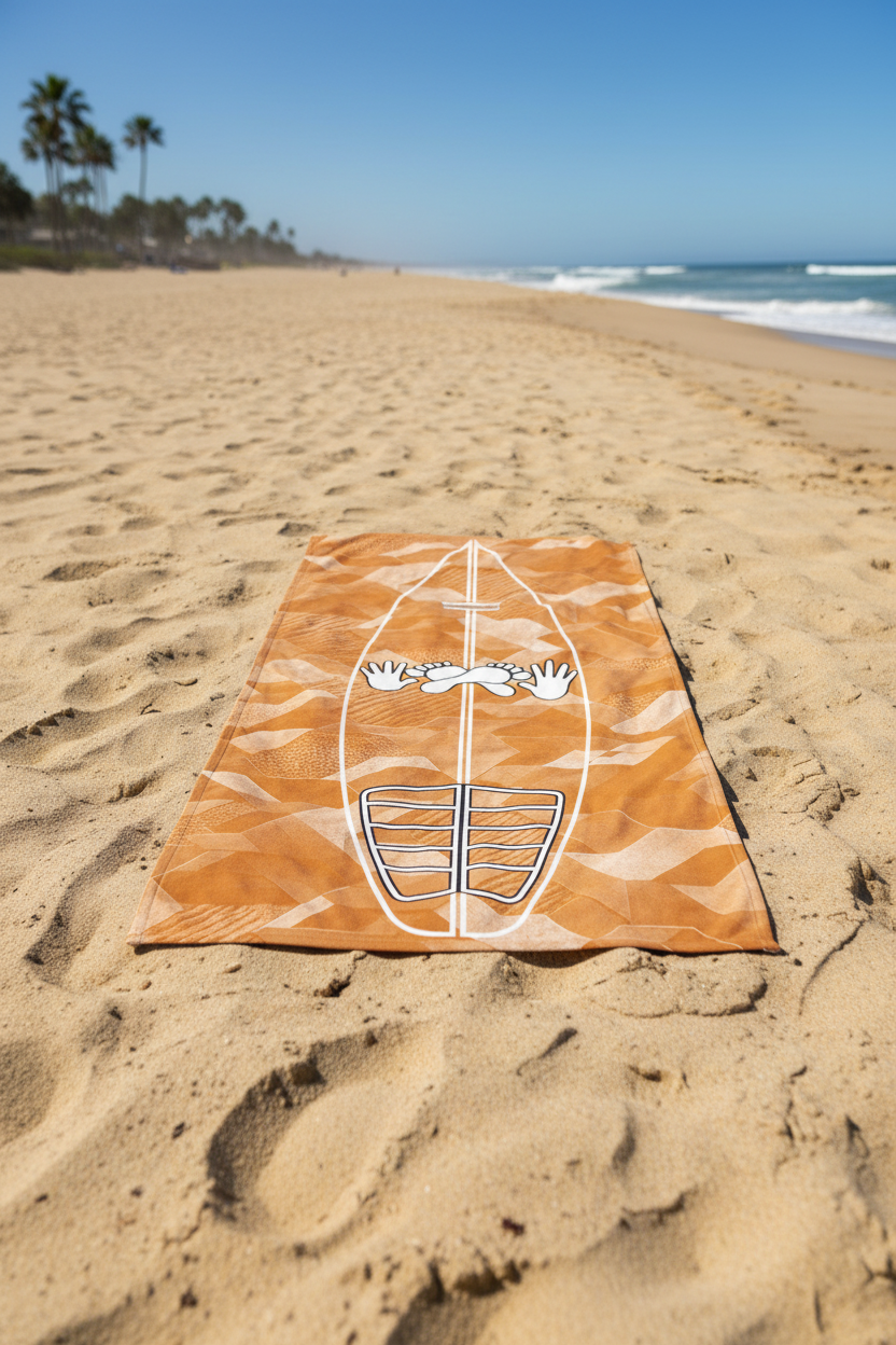 Clay Sci Fi Camo Surf Pop-Up Training Mat – Oversized Quick-Dry Beach Towel with Stance Placement Guide lies on sandy beach with the ocean and palm trees in the background.