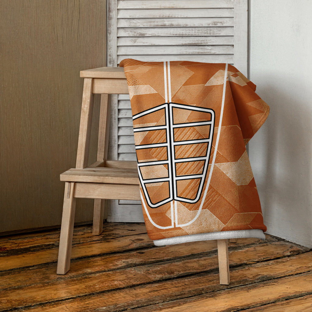 Clay Sci Fi Camo Surf Pop-Up Training Mat – Oversized Quick-Dry Beach Towel with Stance Placement Guide on chair