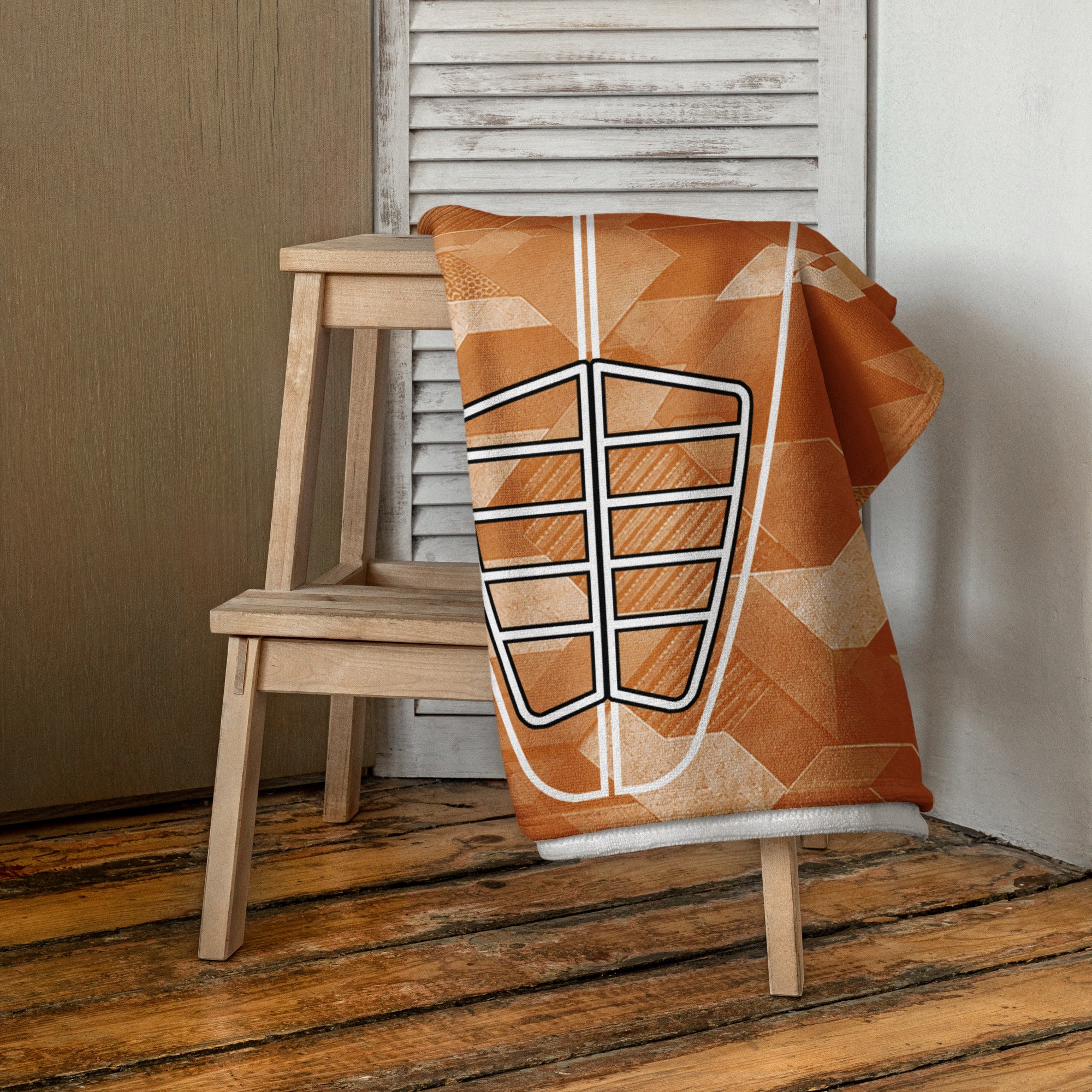 Clay Sci Fi Camo Surf Pop-Up Training Mat – Oversized Quick-Dry Beach Towel with Stance Placement Guide on chair