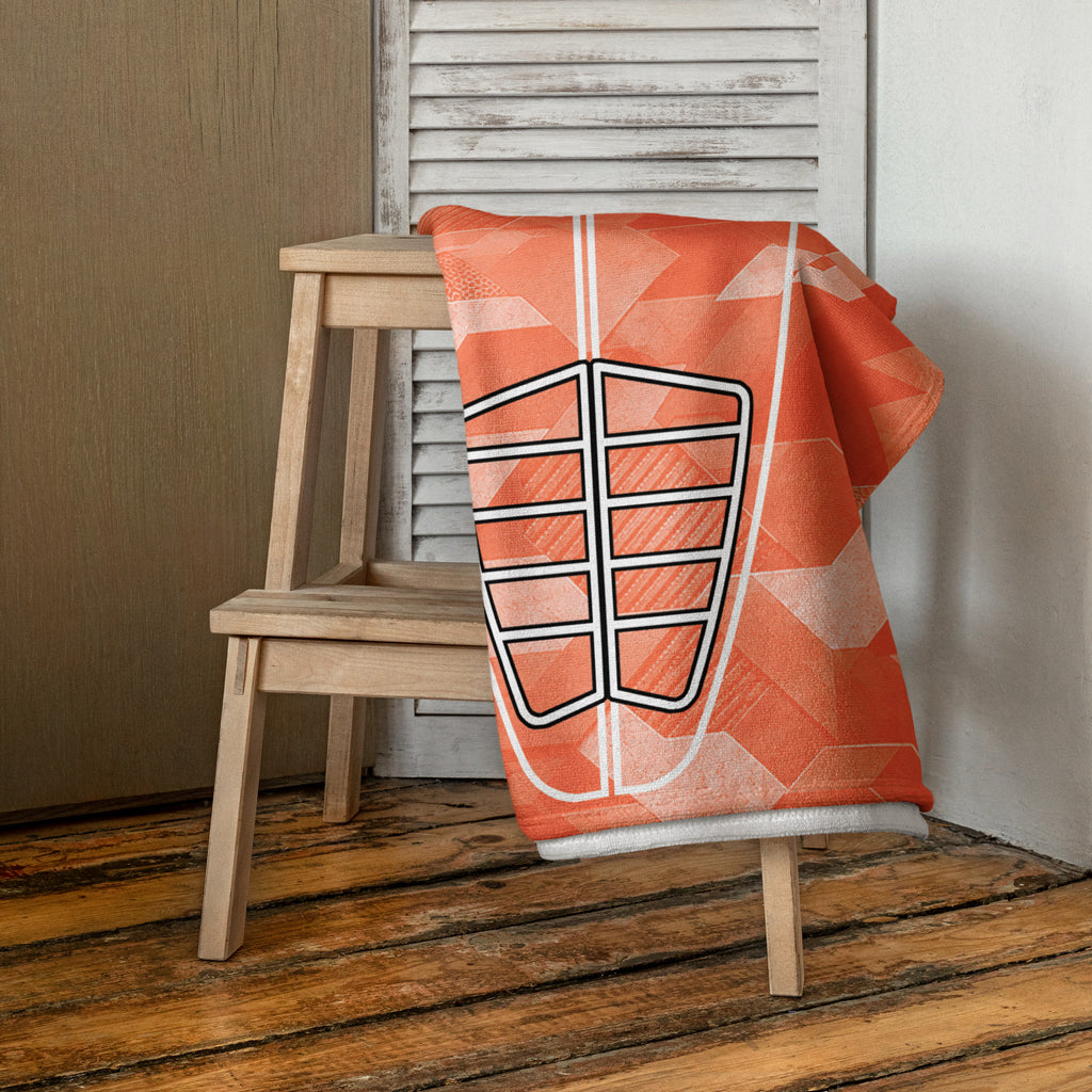 Coral Sci Fi Camo Surf Pop-Up Training Mat – Oversized Quick-Dry Beach Towel with Stance Placement Guide on chair