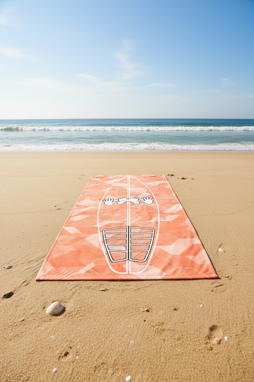 Coral Sci Fi Camo Surf Pop-Up Training Mat – Oversized Quick-Dry Beach Towel with Stance Placement Guide is laid out on a sandy beach with the ocean and blue sky in the background.