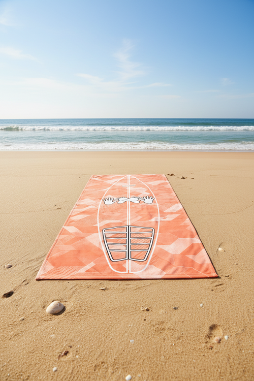 Coral Sci Fi Camo Surf Pop-Up Training Mat – Oversized Quick-Dry Beach Towel with Stance Placement Guide is laid out on a sandy beach with the ocean and blue sky in the background.