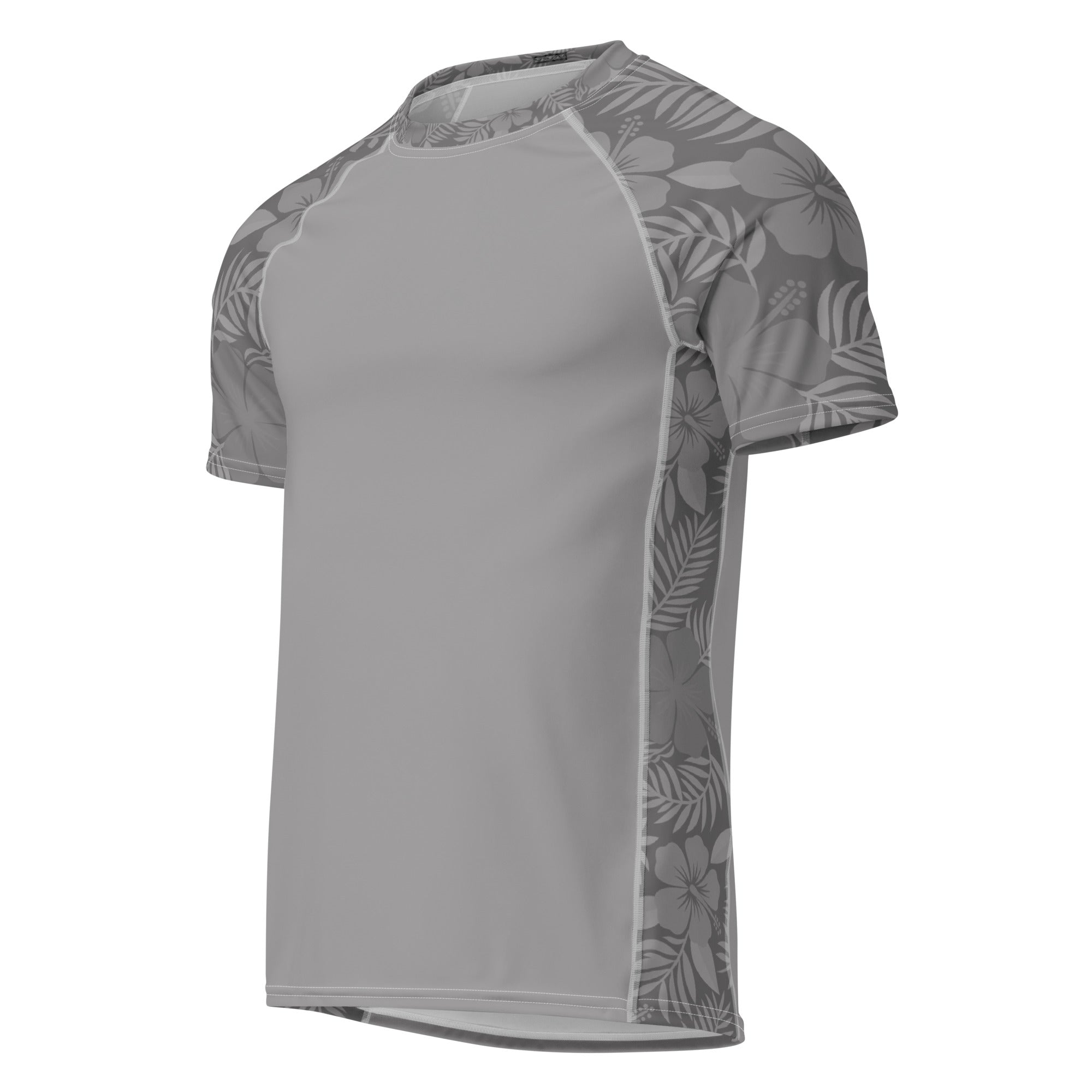 Majestic Vision Grey Hibiscus recycled rash vest with UPF 50+ protection, moisture-wicking performance fabric and bold surf-inspired artwork. Recycled Short Sleeved Rash Guard Product mockup.