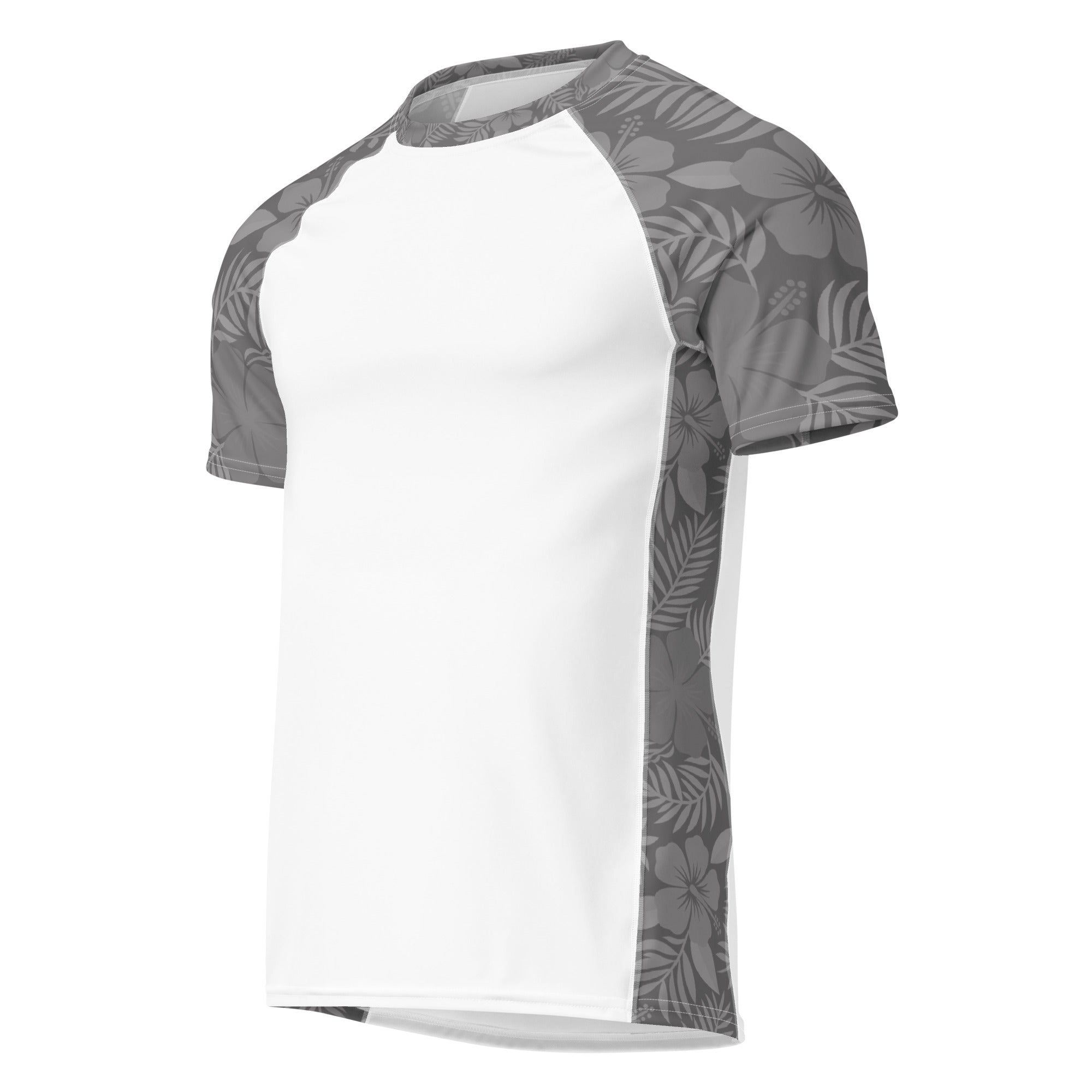 Majestic Vision Grey Hibiscus and white recycled rash vest with UPF 50+ protection, moisture-wicking performance fabric and bold surf-inspired artwork. Recycled Short Sleeved Rash Guard Product mockup.