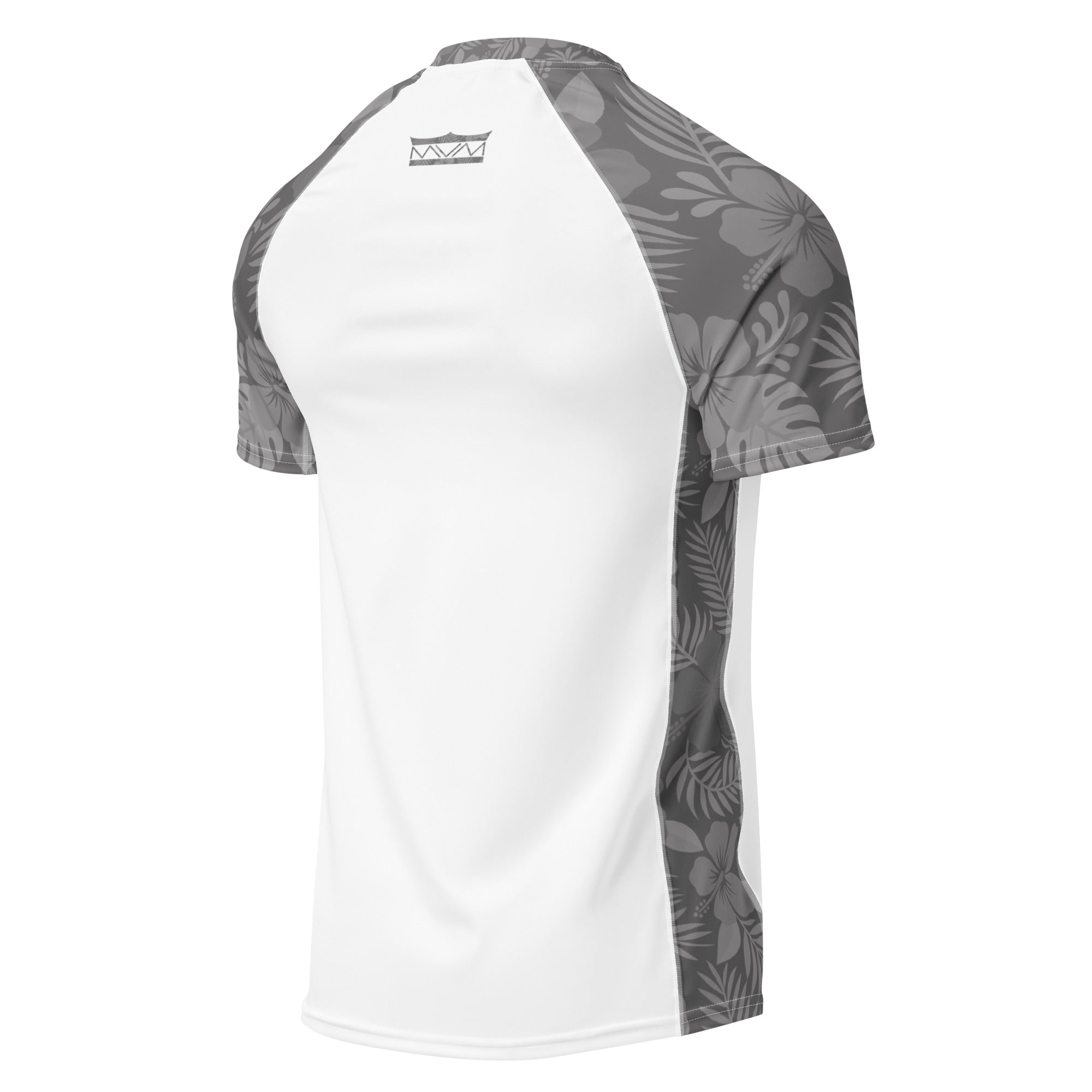 Majestic Vision Grey Hibiscus and white recycled rash vest with UPF 50+ protection, moisture-wicking performance fabric and bold surf-inspired artwork. Recycled Short Sleeved Rash Guard Product mockup back.
