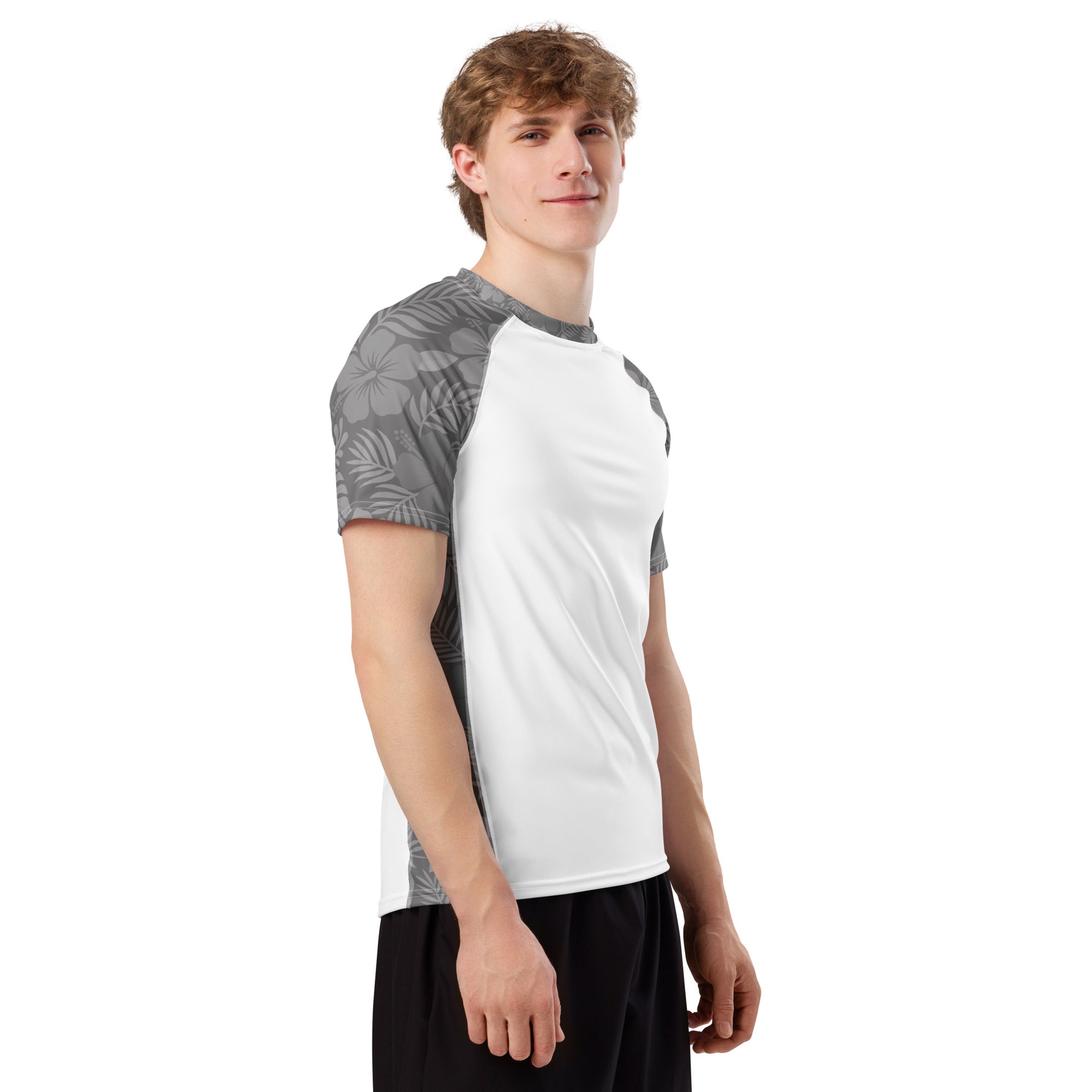 Grey Hibiscus and white recycled rash vest with UPF 50+ protection, moisture-wicking performance fabric and bold surf-inspired artwork. Recycled Short Sleeved Rash Guard Product mockup studio style.