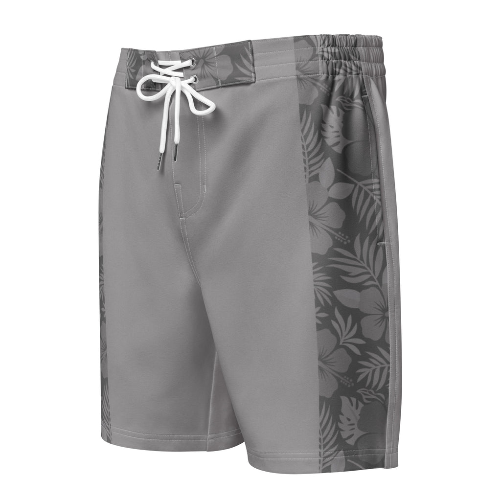 Majestic Vision Grey Hibiscus men's board shorts with exclusive surf-inspired artwork, quick-drying stretch fabric and adjustable drawcord waistband. Product mockup 1