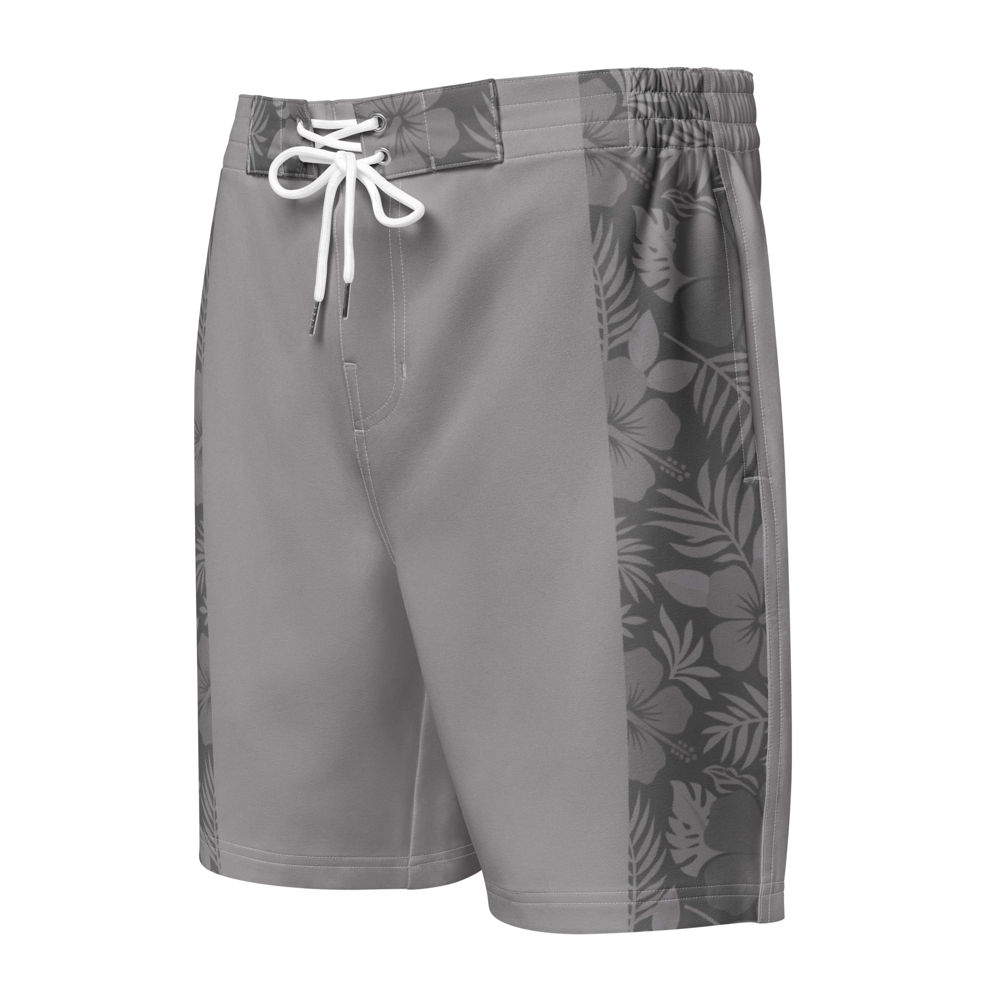 Majestic Vision Grey Hibiscus men's board shorts with exclusive surf-inspired artwork, quick-drying stretch fabric and adjustable drawcord waistband. Product mockup 1