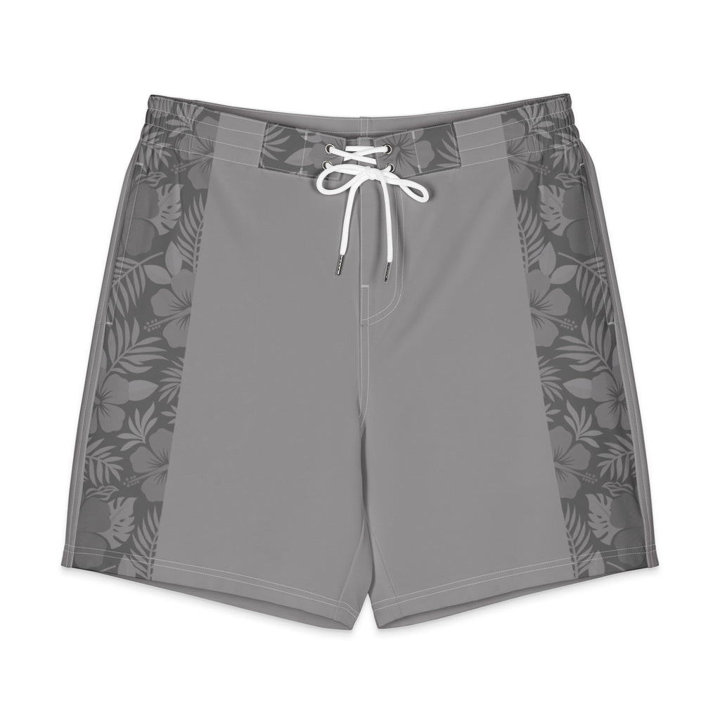 Majestic Vision Grey Hibiscus men's board shorts with exclusive surf-inspired artwork, quick-drying stretch fabric and adjustable drawcord waistband. Product mockup front 2