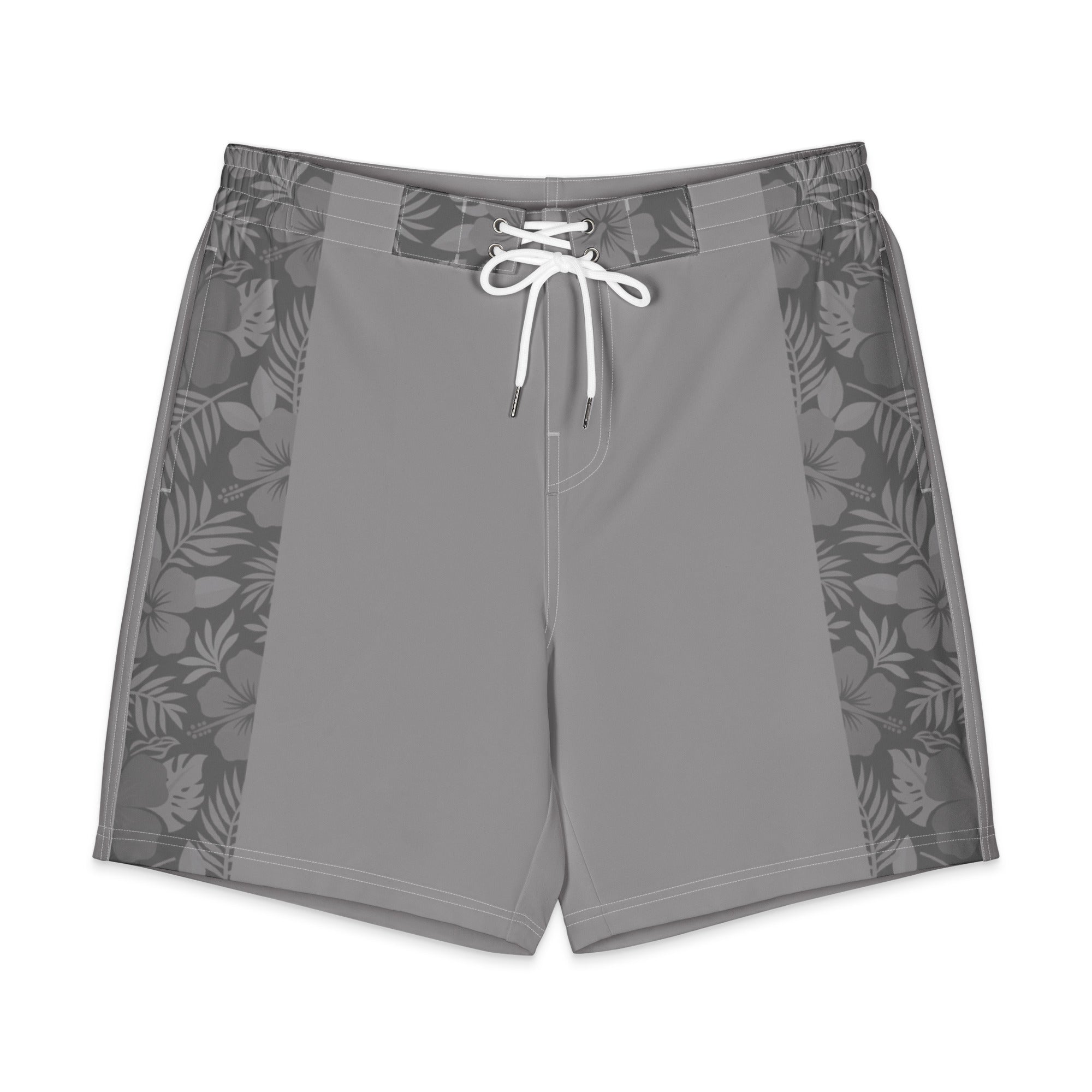 Majestic Vision Grey Hibiscus men's board shorts with exclusive surf-inspired artwork, quick-drying stretch fabric and adjustable drawcord waistband. Product mockup front 2