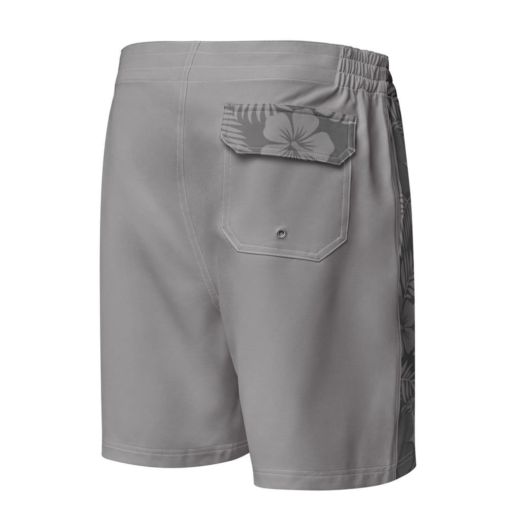 Majestic Vision Greyk Hibiscus men's board shorts with exclusive surf-inspired artwork, quick-drying stretch fabric and adjustable drawcord waistband. Product mockup back