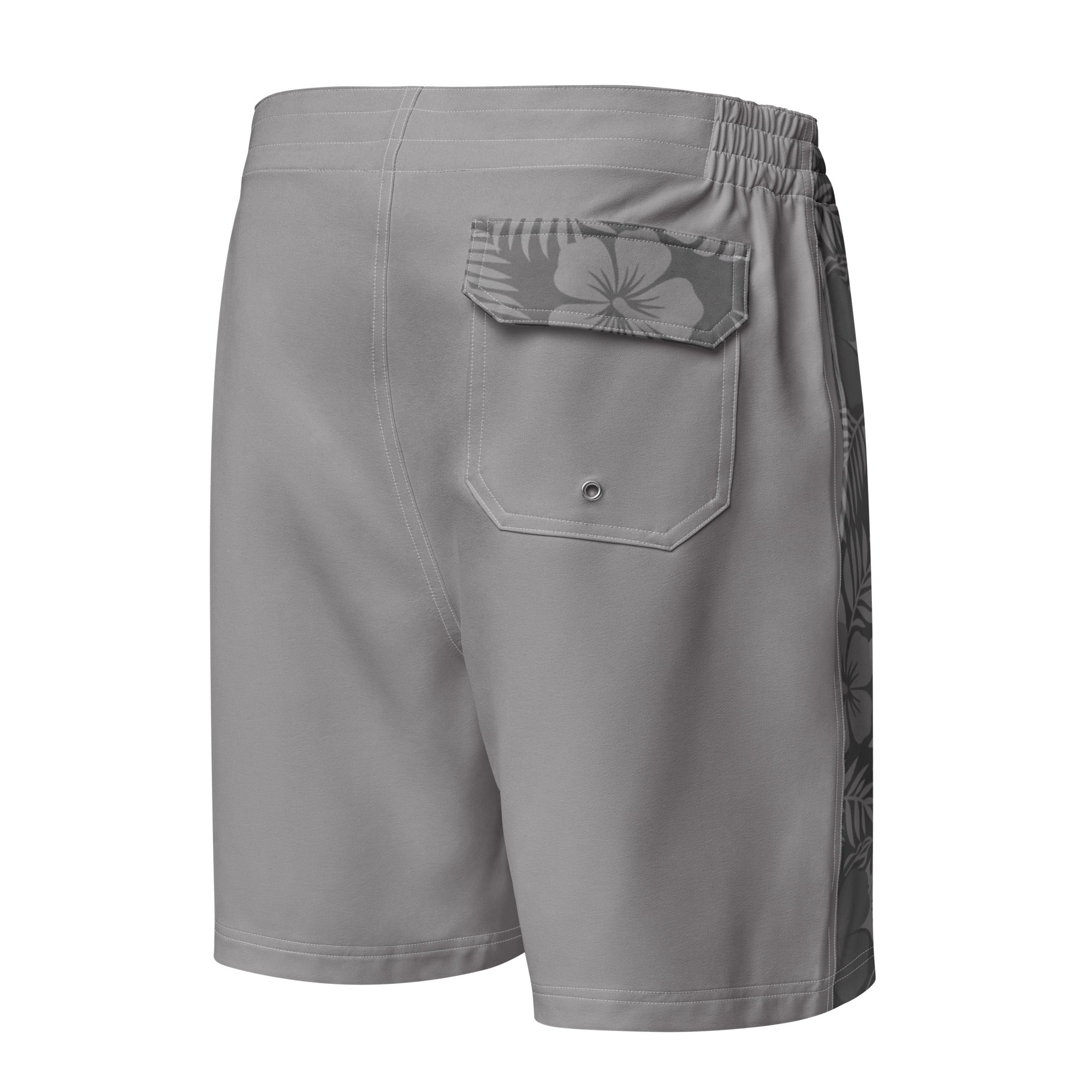 Majestic Vision Greyk Hibiscus men's board shorts with exclusive surf-inspired artwork, quick-drying stretch fabric and adjustable drawcord waistband. Product mockup back