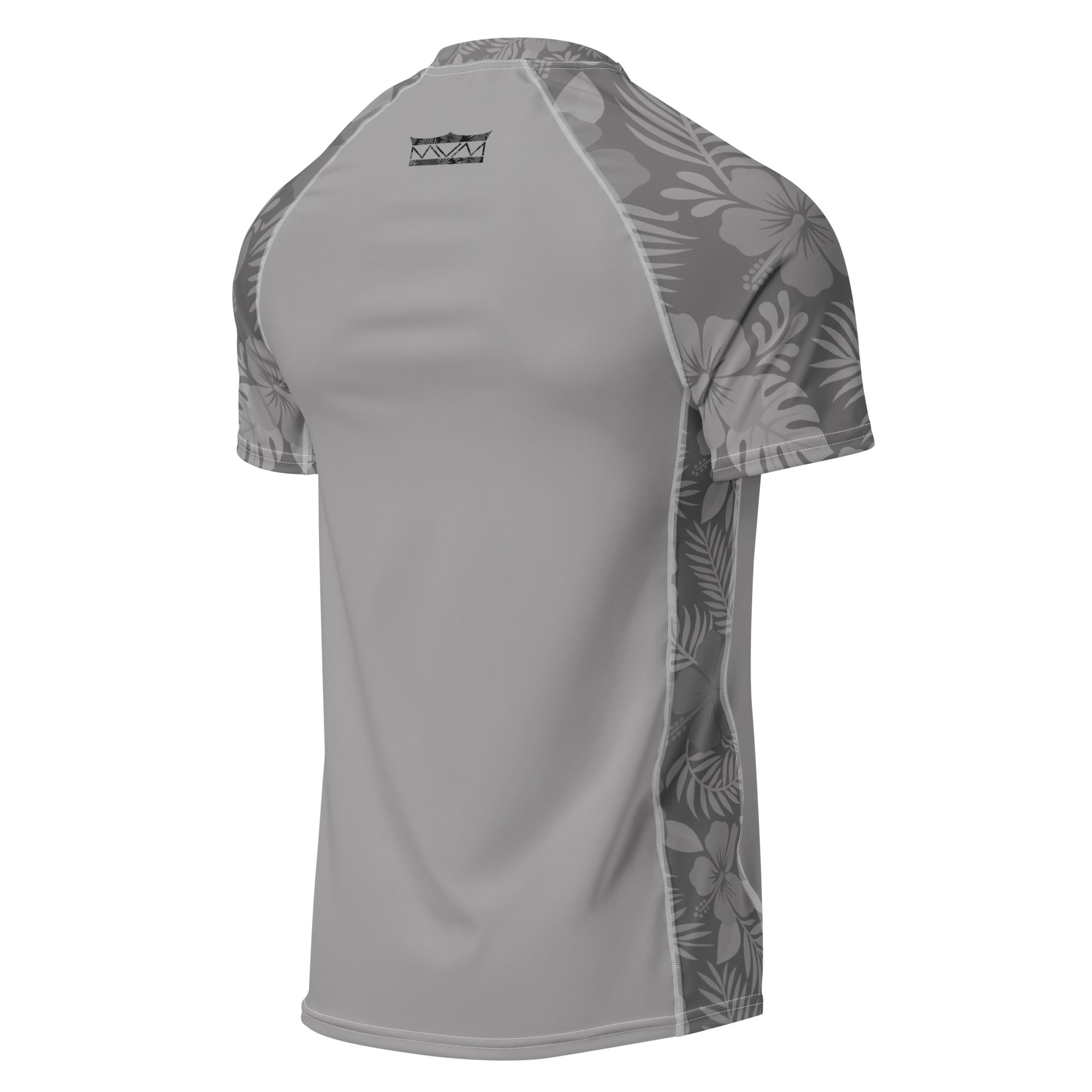 Majestic Vision Grey Hibiscus recycled rash vest with UPF 50+ protection, moisture-wicking performance fabric and bold surf-inspired artwork. Recycled Short Sleeved Rash Guard Product mockup back.