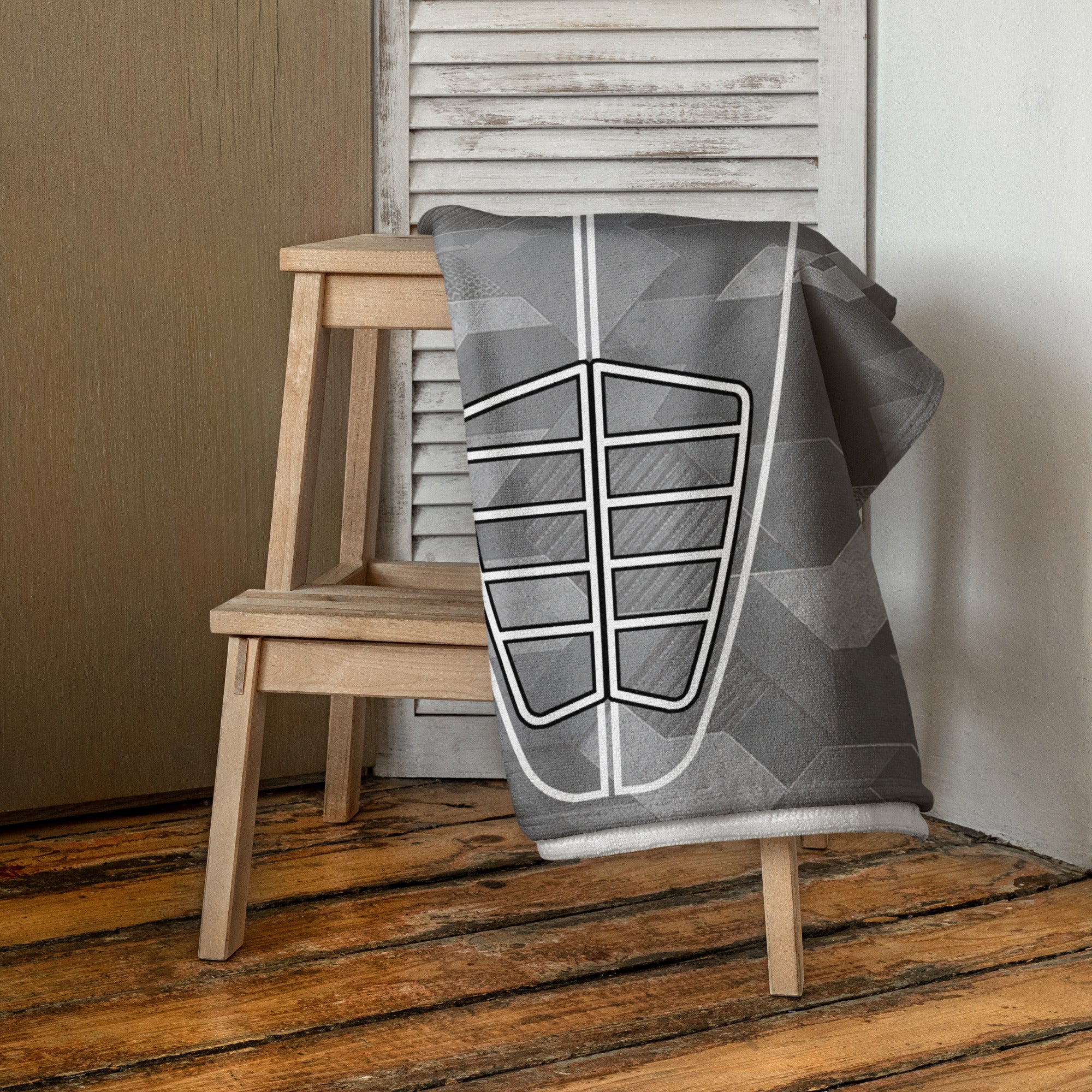 Grey Sci Fi Camo Surf Pop-Up Training Mat – Oversized Quick-Dry Beach Towel with Stance Placement Guide on chair
