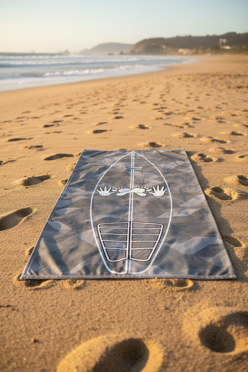 Grey Sci Fi Camo Surf Pop-Up Training Mat – Oversized Quick-Dry Beach Towel with Stance Placement Guide lies on a sandy beach with footprints and the ocean in the background.