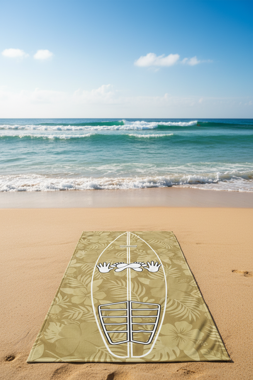 AI generated image of a Sand Hibiscus Surf Pop-Up Training Mat – Oversized Quick-Dry Beach Towel with Stance Placement Guide placed on the beach with ocean waves in the background.
