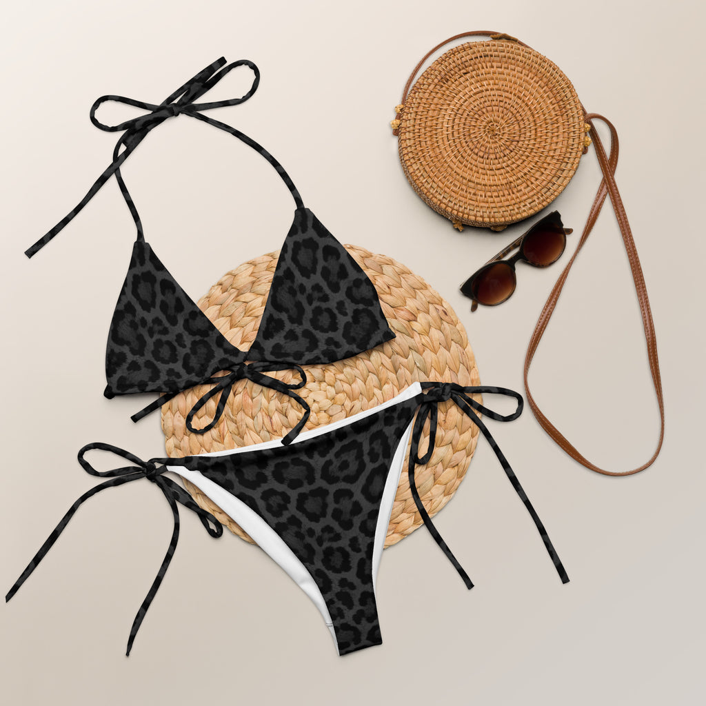 MVM Black Leopard print recycled string bikini Product shot with accessories