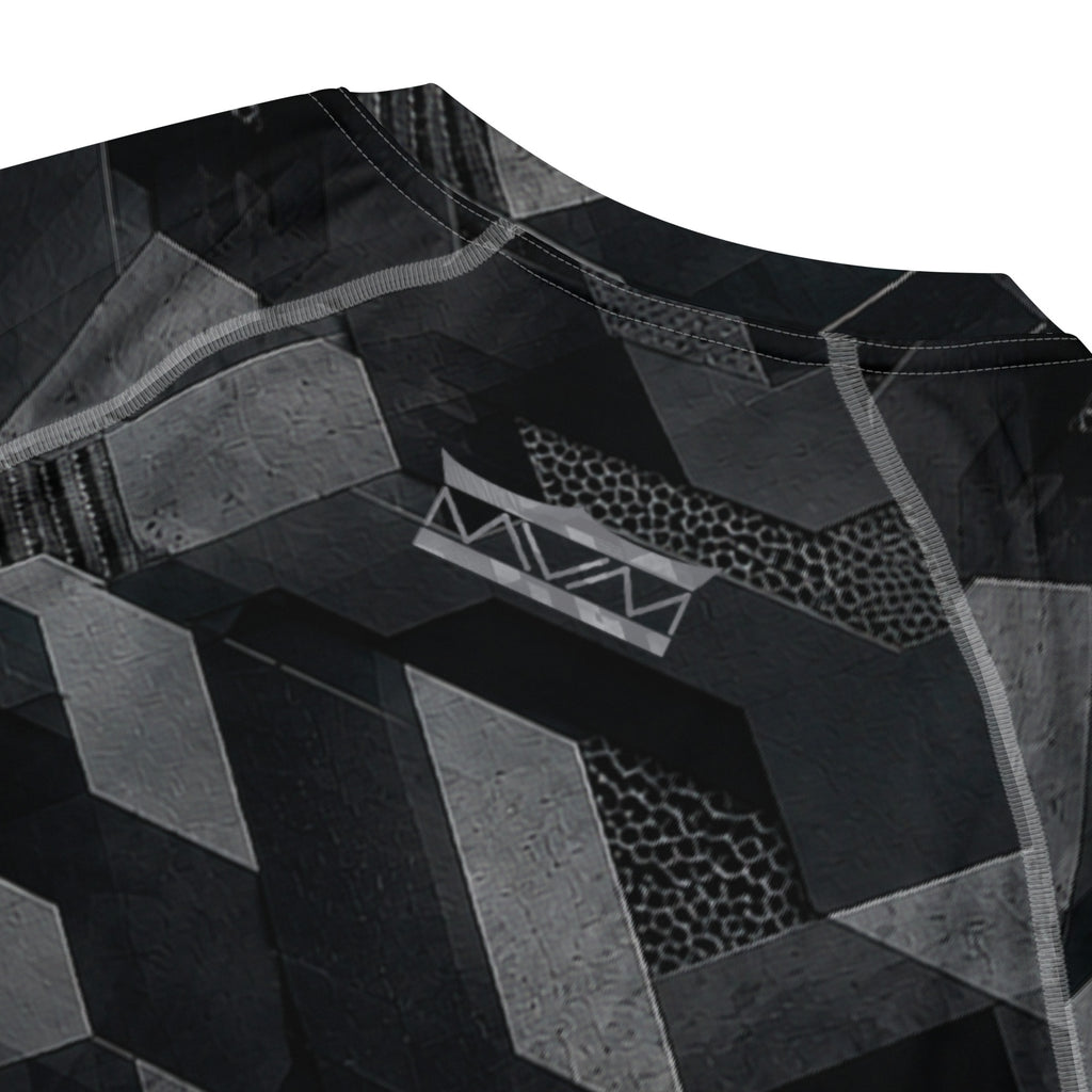 MVM Black Sci Fi Camo recycled rash vest with UPF 50+ protection, moisture-wicking performance fabric and bold artwork. Recycled Short Sleeved Rash Guard back close up Product mockup