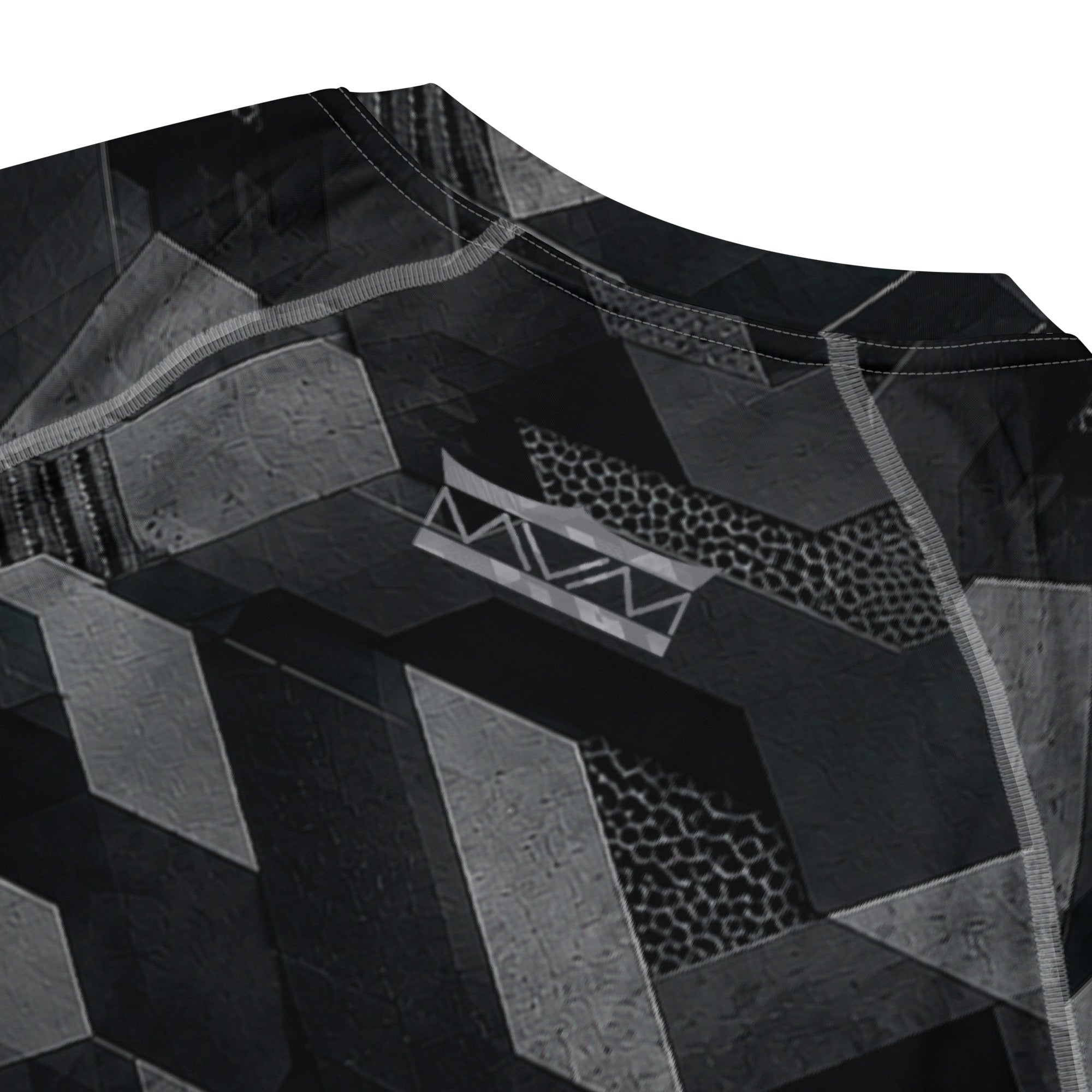 MVM Black Sci Fi Camo recycled rash vest with UPF 50+ protection, moisture-wicking performance fabric and bold artwork. Recycled Short Sleeved Rash Guard back close up Product mockup