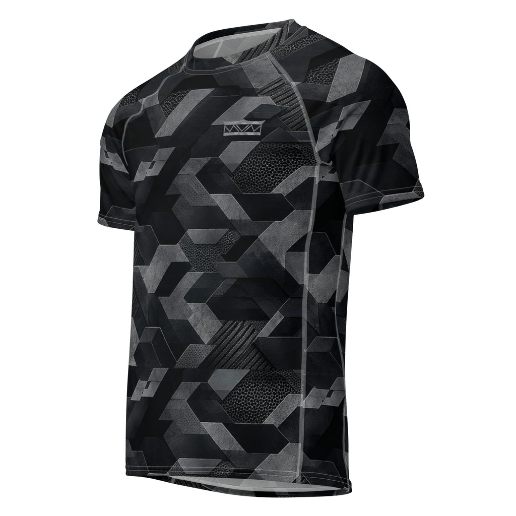 MVM Black Sci Fi Camo recycled rash vest with UPF 50+ protection, moisture-wicking performance fabric and bold surf-inspired artwork. Recycled Short Sleeved Rash Guard Product mockup.