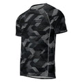 MVM Black Sci Fi Camo recycled rash vest with UPF 50+ protection, moisture-wicking performance fabric and bold surf-inspired artwork. Recycled Short Sleeved Rash Guard Product mockup.