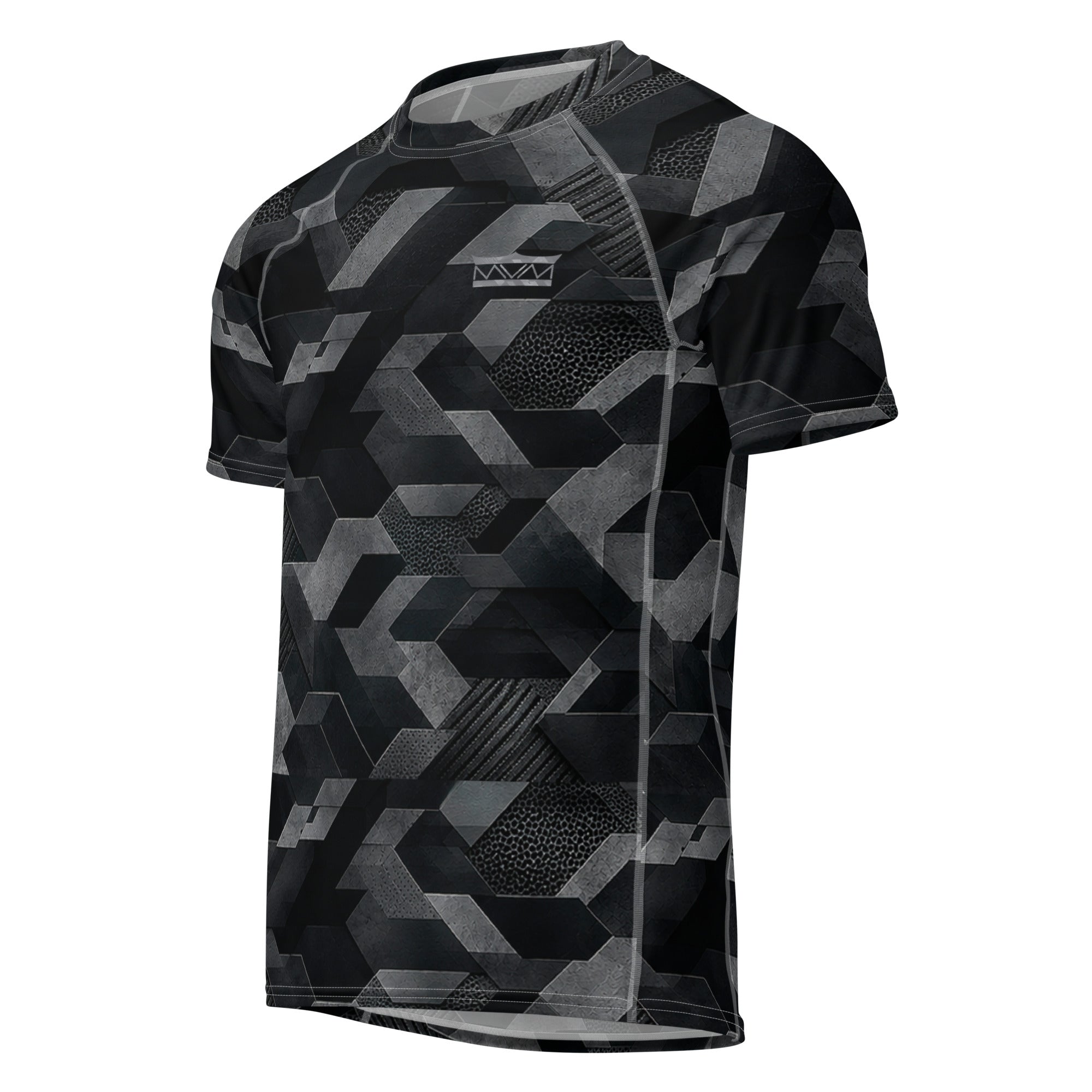 MVM Black Sci Fi Camo recycled rash vest with UPF 50+ protection, moisture-wicking performance fabric and bold surf-inspired artwork. Recycled Short Sleeved Rash Guard Product mockup.
