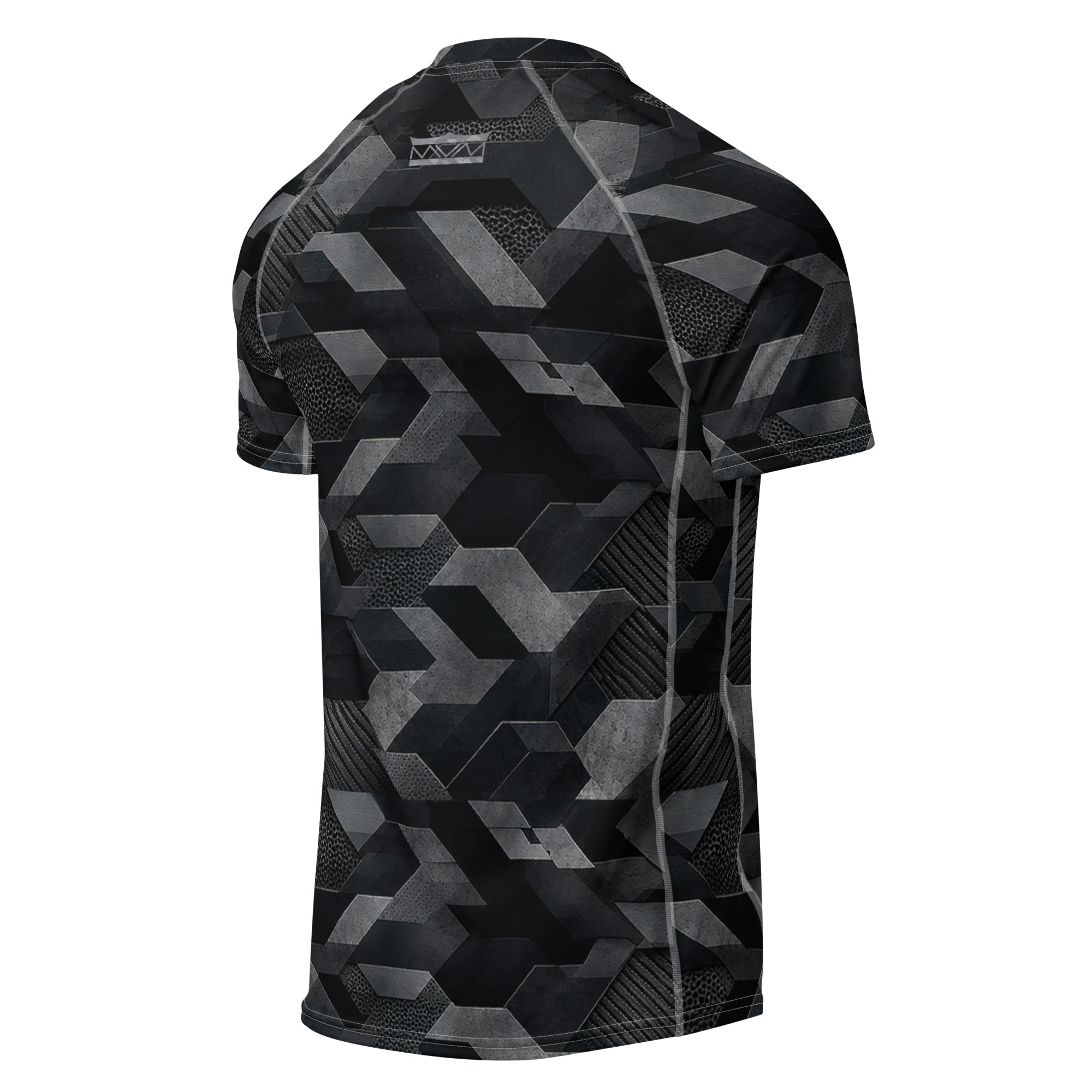 MVM Black Sci Fi Camo recycled rash vest with UPF 50+ protection, moisture-wicking performance fabric and bold surf-inspired artwork. Recycled Short Sleeved Rash Guard Product mockup back.