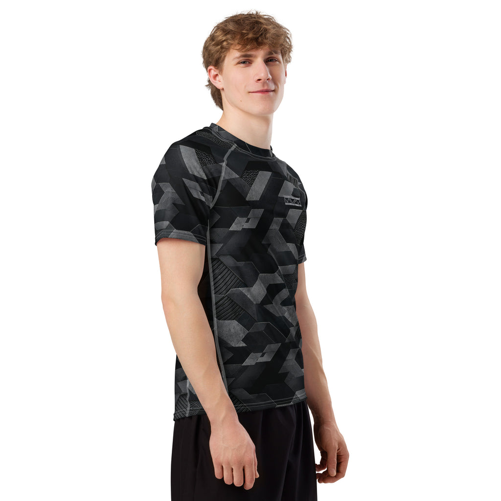 MVM Black Sci Fi Camo recycled rash vest with UPF 50+ protection, moisture-wicking performance fabric and bold surf-inspired artwork. Recycled Short Sleeved Rash Guard Product mockup studio style.