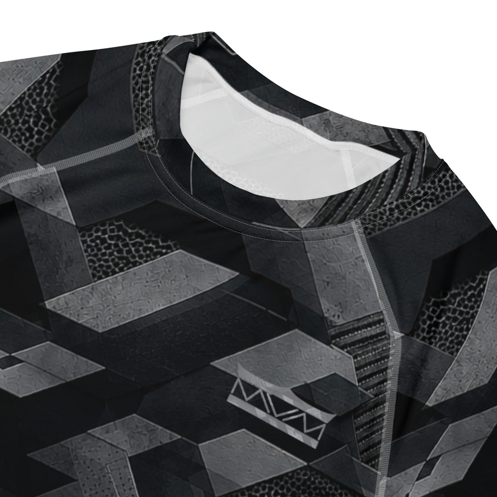 MVM Black Sci Fi Camo recycled rash vest with UPF 50+ protection, moisture-wicking performance fabric and bold surf-inspired artwork. Recycled Short Sleeved Rash Guard back close up front Product mockup