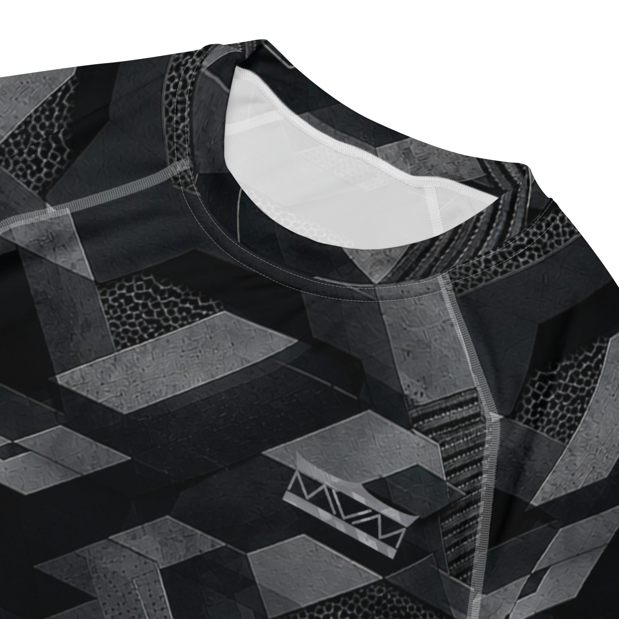 MVM Black Sci Fi Camo recycled rash vest with UPF 50+ protection, moisture-wicking performance fabric and bold surf-inspired artwork. Recycled Short Sleeved Rash Guard back close up front Product mockup
