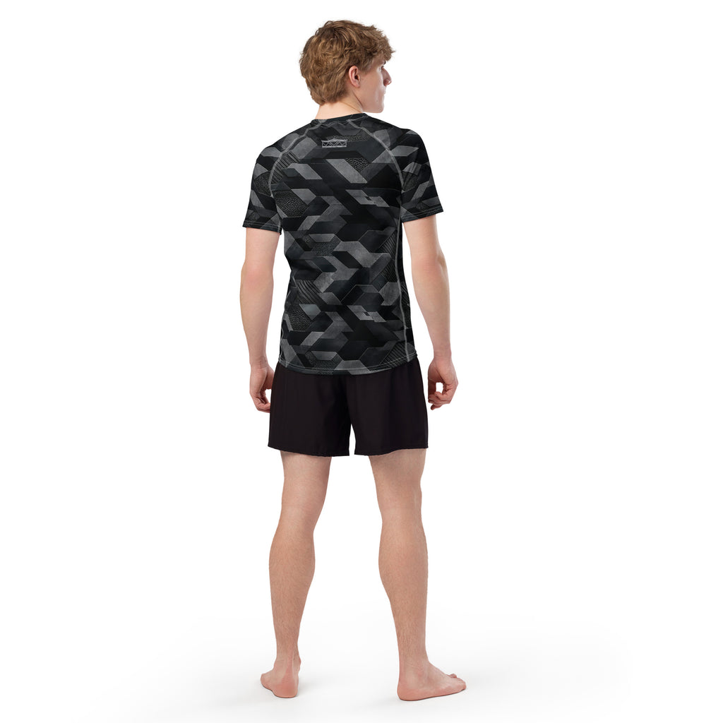 MVM Black Sci Fi Camo recycled rash vest with UPF 50+ protection, moisture-wicking performance fabric and bold surf-inspired artwork. Recycled Short Sleeved Rash Guard from behind Product mockup studio style