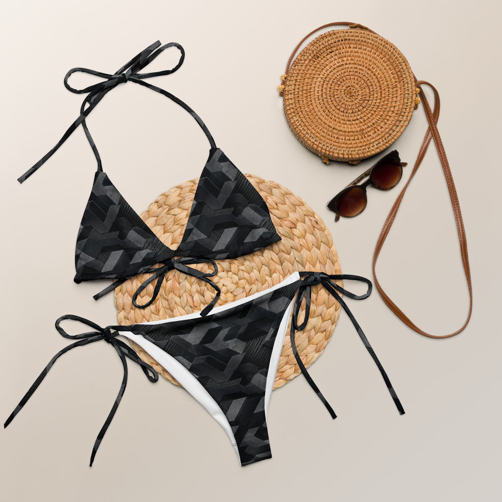 MVM Black Sci Fi Camo recycled string bikini Product shot with accessories