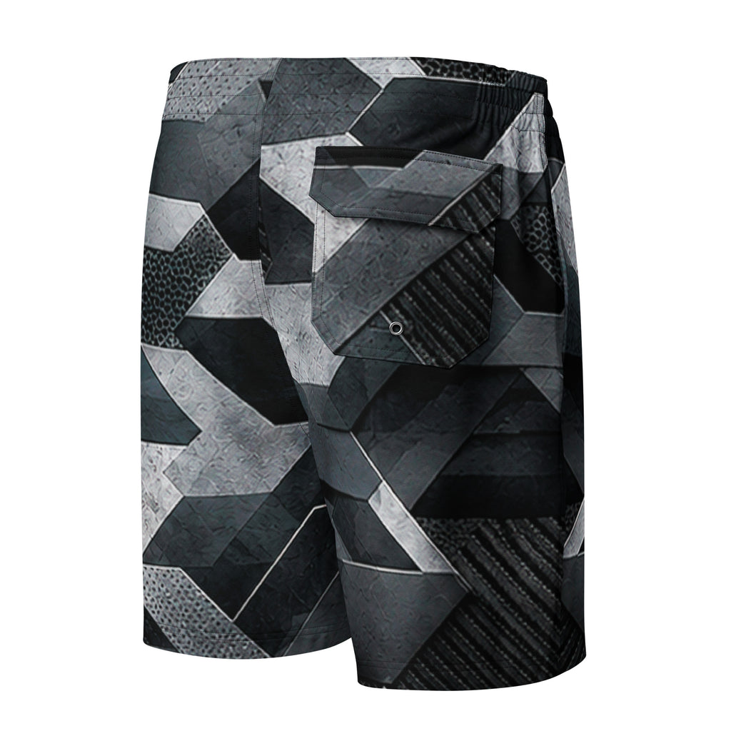 MVM Black and Grey Sci-Fi Camo Men's Hybrid Board Shorts Product mockup back