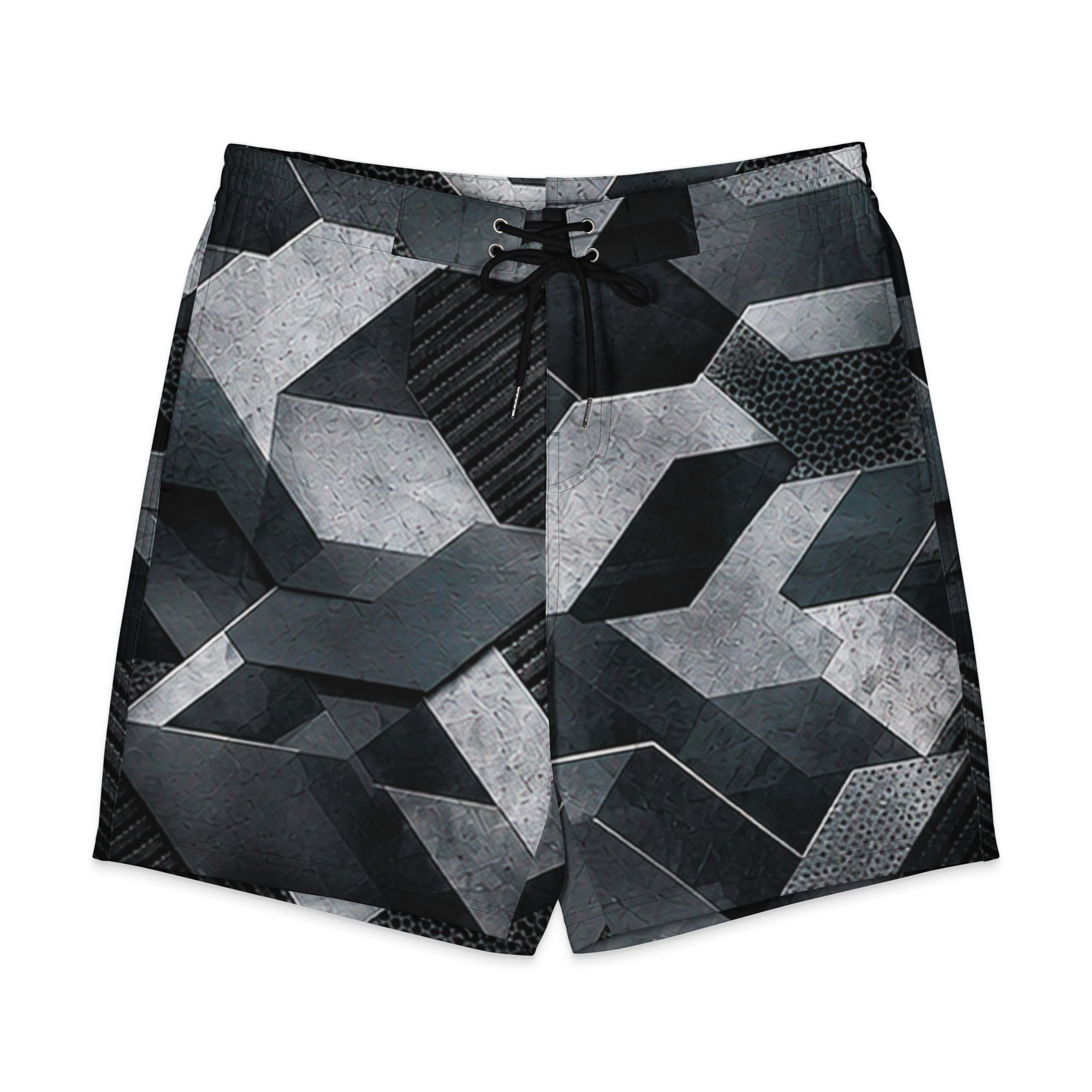 MVM Black and Grey Sci-Fi Camo Men's Hybrid Board Shorts Product mockup front flat
